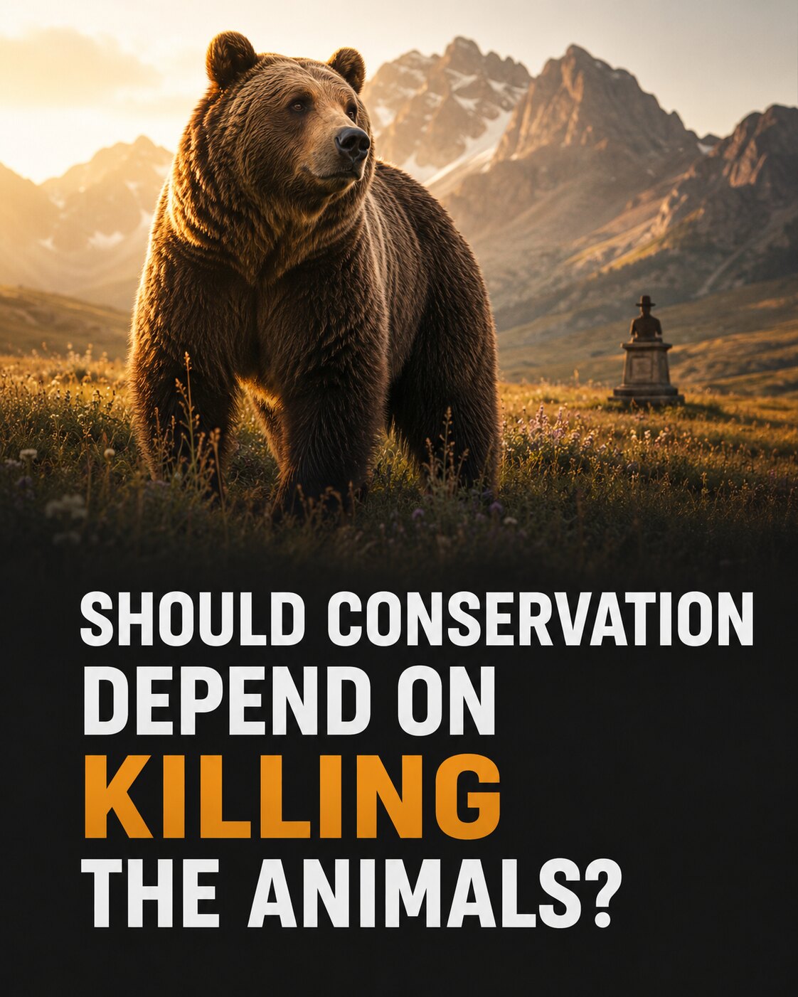 Wild brown bear in a mountain meadow above a question about conservation and trophy hunting
