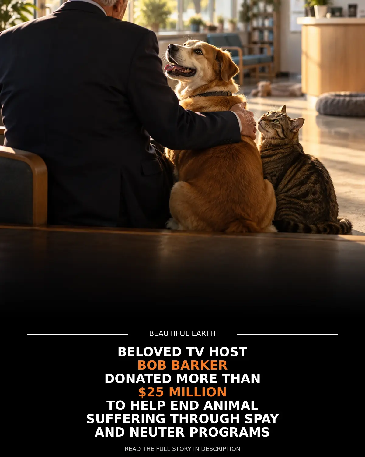 Illustrative scene of an elderly television host with a shelter dog and cat, honoring Bob Barker's animal-welfare legacy.