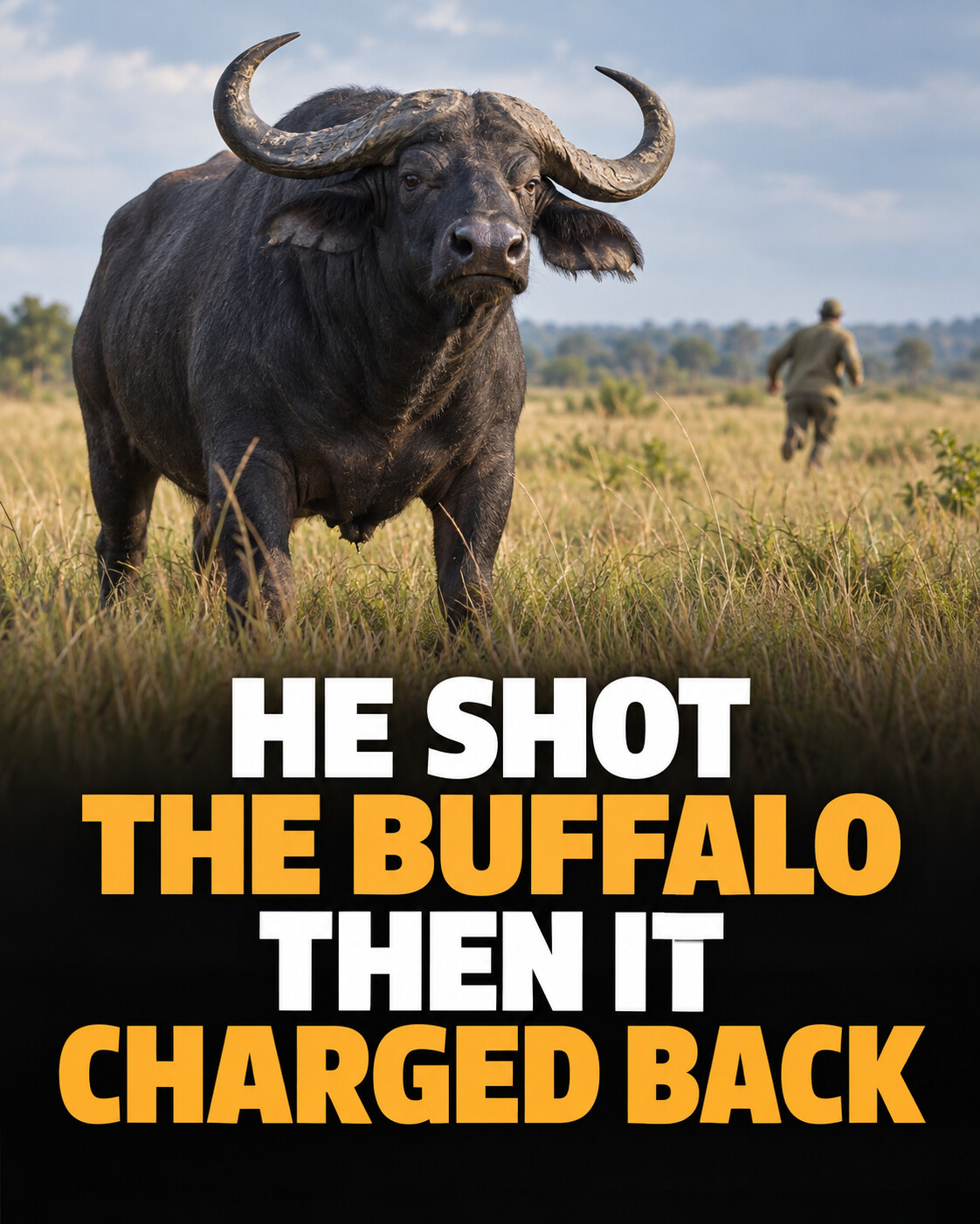 A powerful buffalo in grassland with a distant person retreating and the headline He Shot the Buffalo Then It Charged Back
