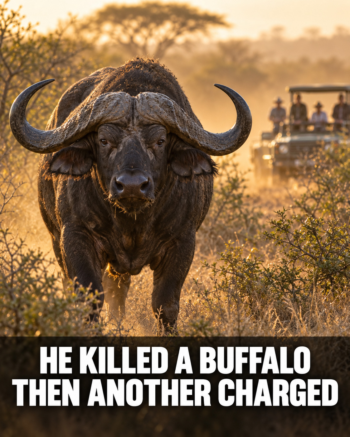 Cape buffalo with the headline He Killed a Buffalo, Then Another Charged