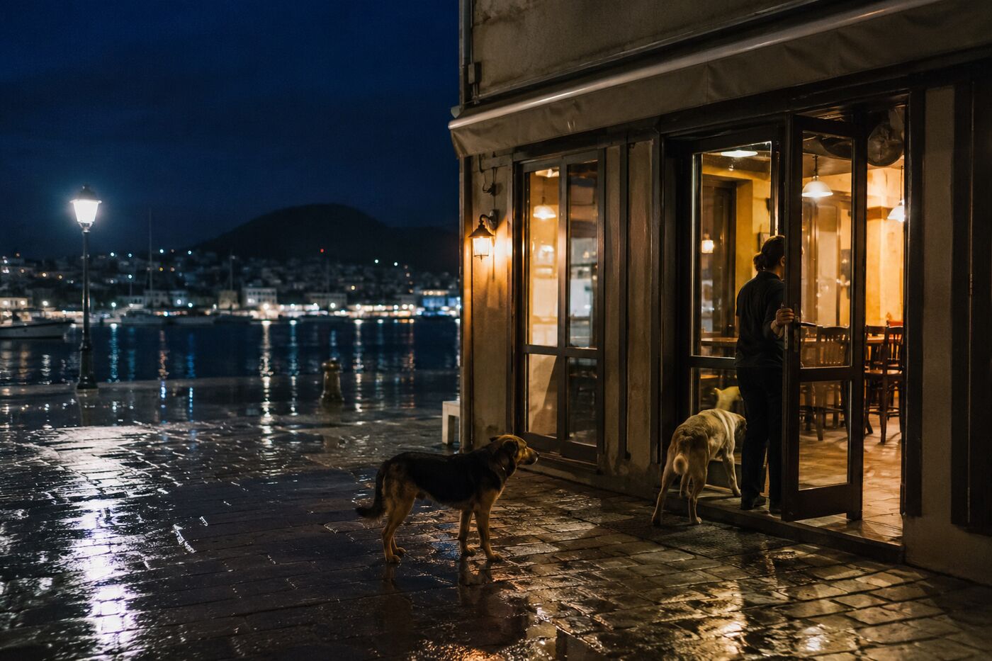 Street dogs entering a warm waterfront café on a rainy night