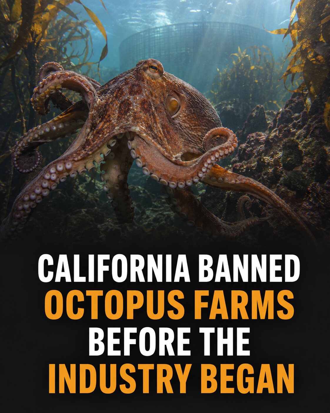 A free-living octopus in a kelp forest beneath a headline stating California banned octopus farms before the industry began.