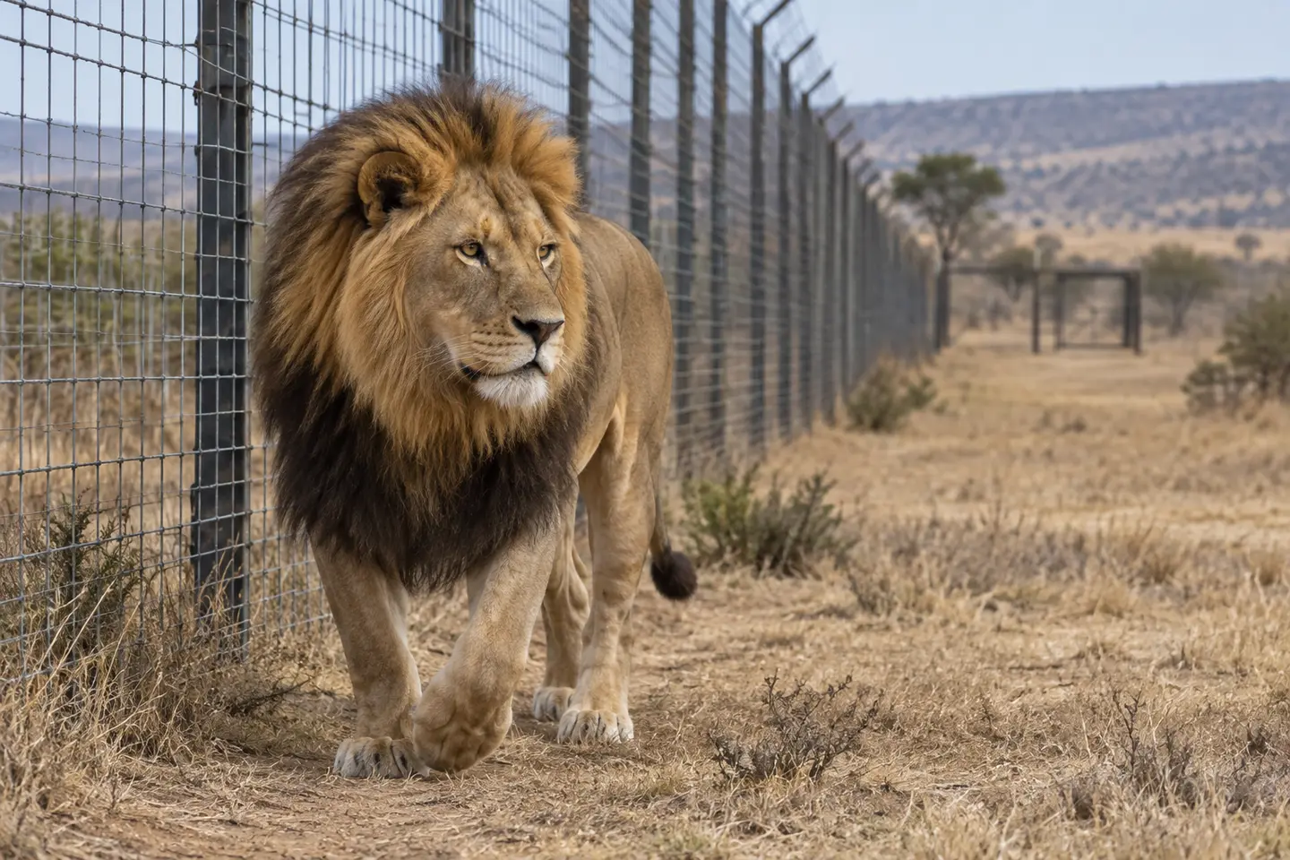 A lion walking alongside the perimeter fence of a private wildlife ranch