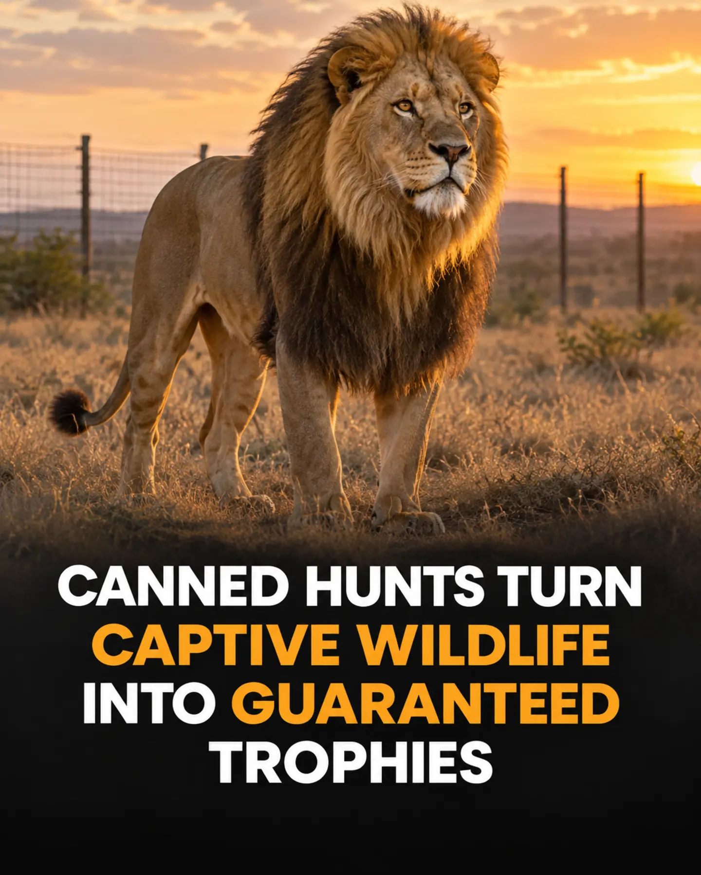 A captive lion inside a fenced wildlife ranch beneath a headline about canned hunting