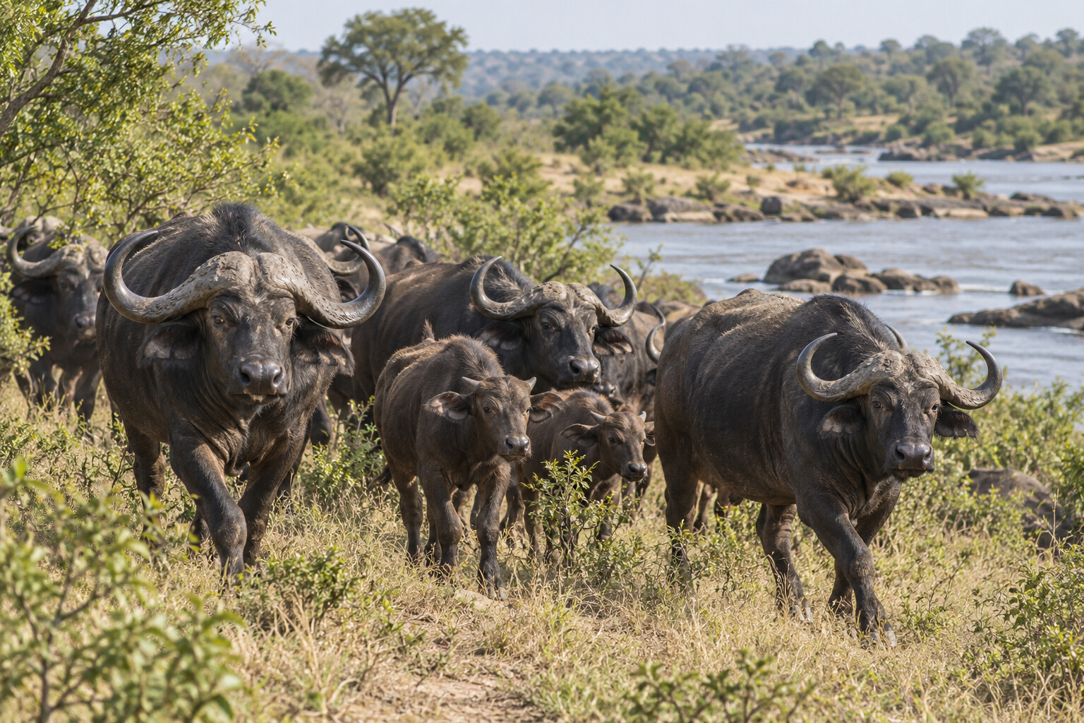 A herd of Cape buffalo moving through bush beside a river