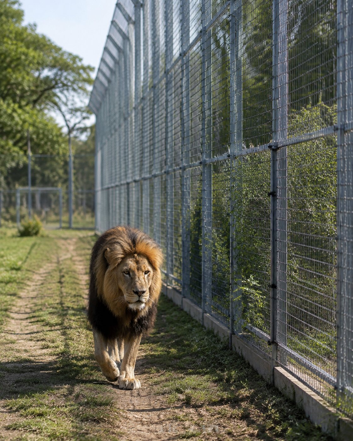 A living adult lion walks along the inside of a high fenced enclosure.