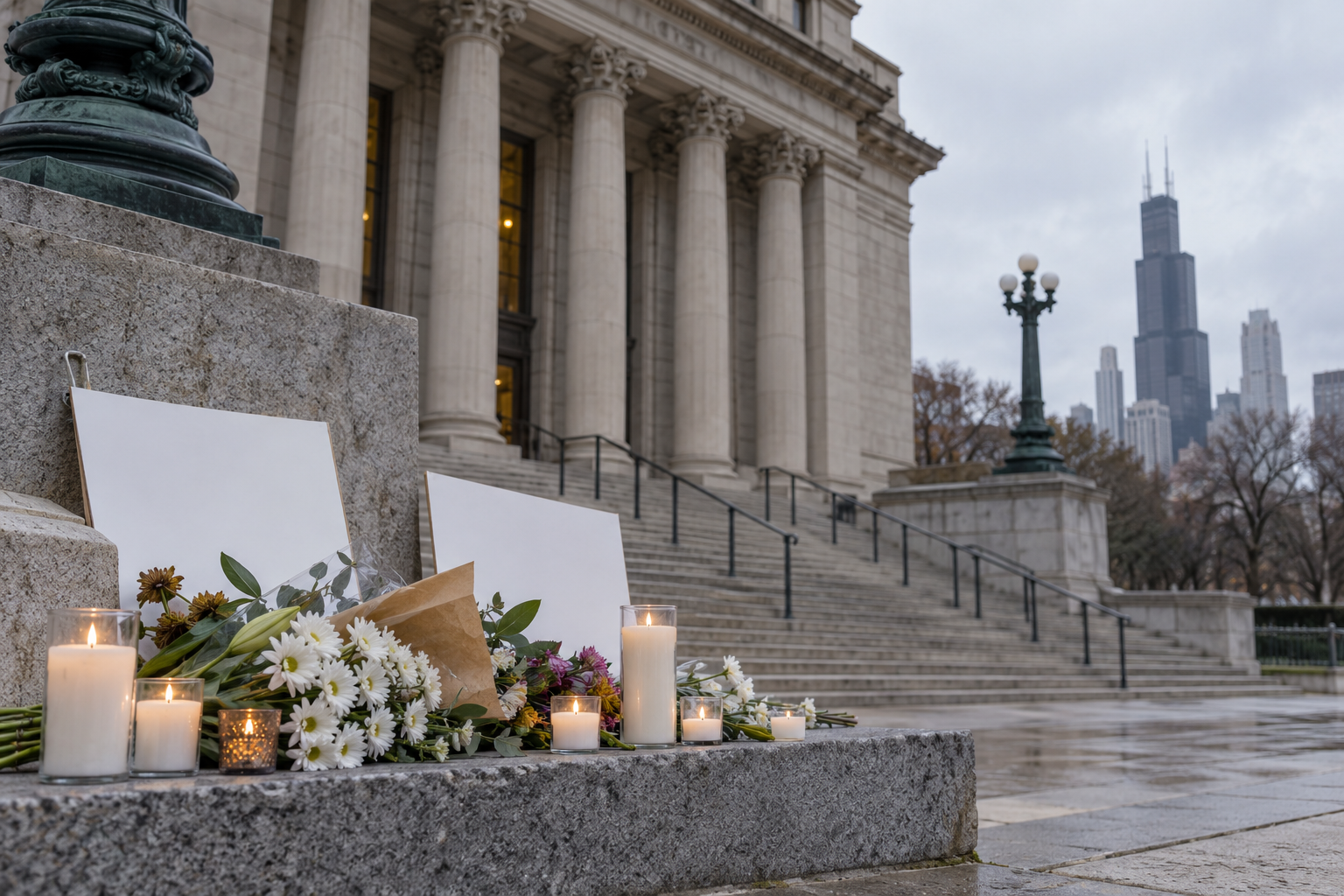 Illustrative courthouse exterior with candles and flowers for animal victims
