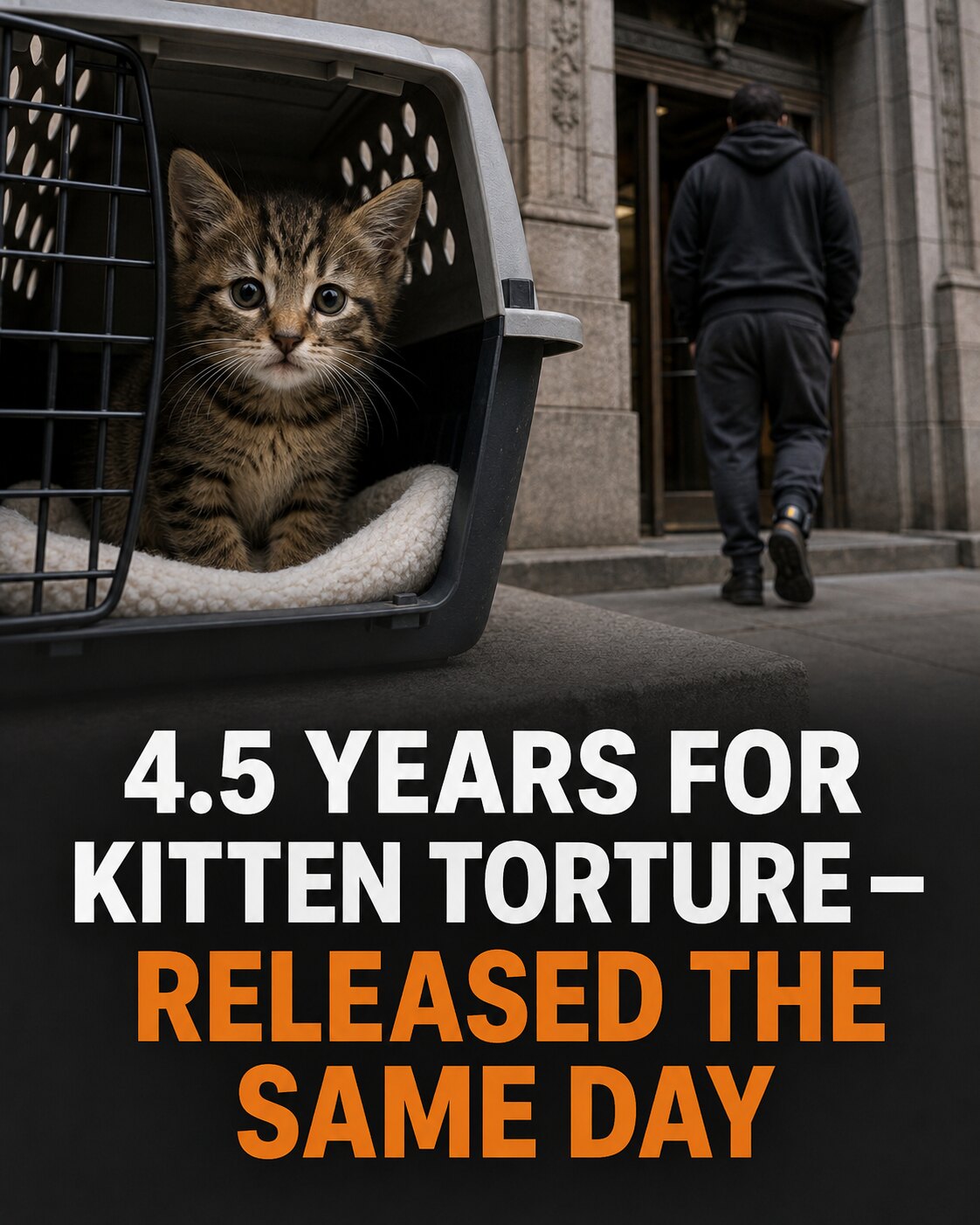 A kitten in a carrier as a monitored man leaves a courthouse