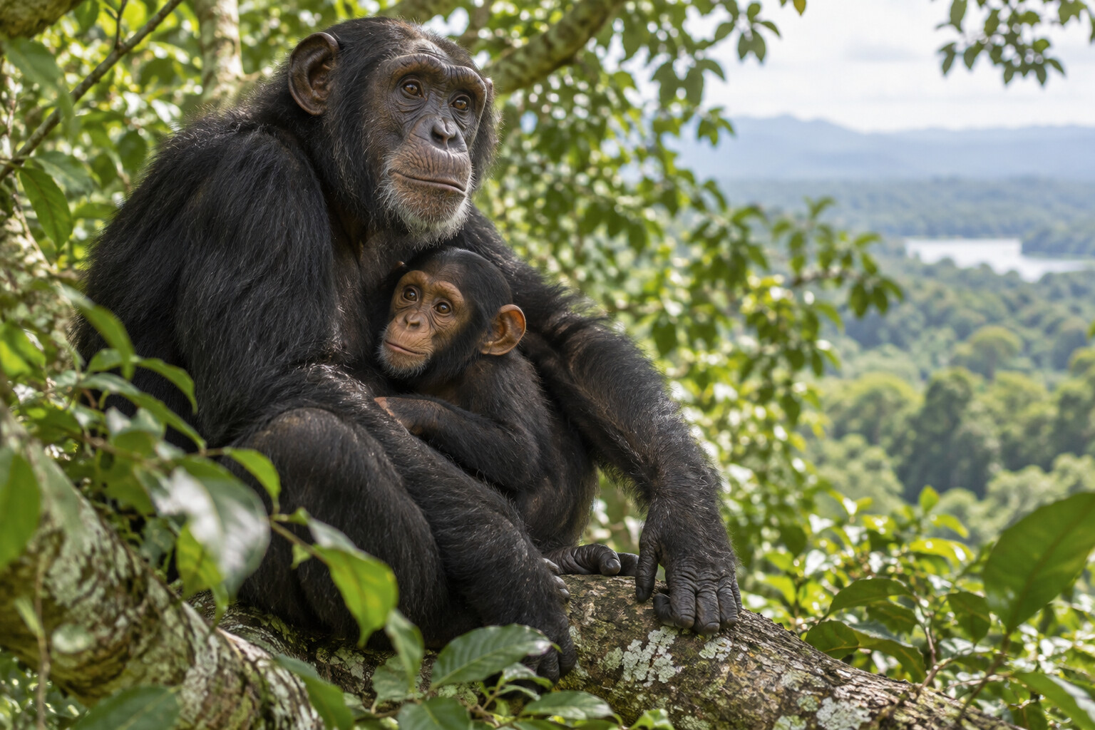 A chimpanzee mother holding her young in a forest