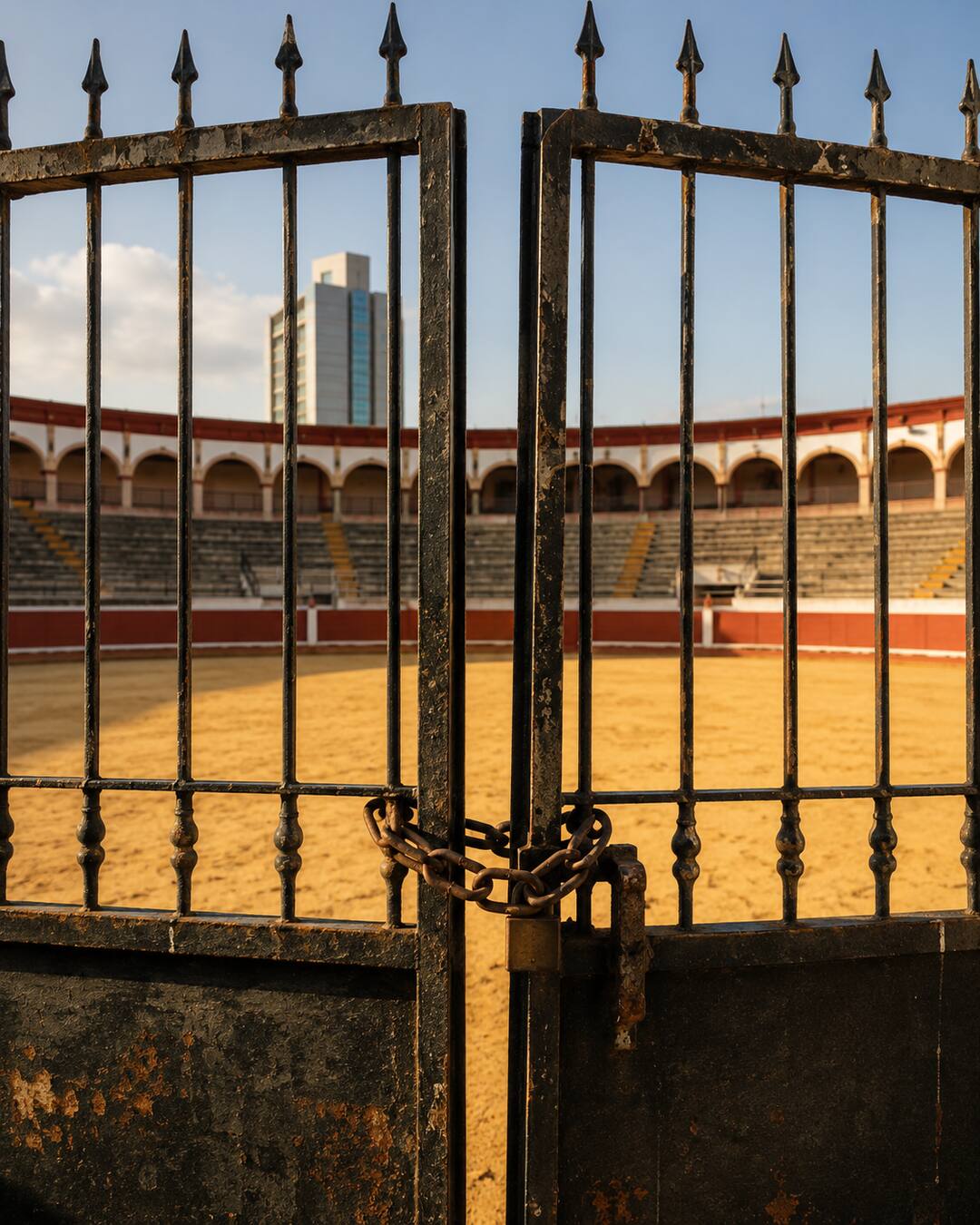 Locked iron gate in front of an empty sunlit bullring