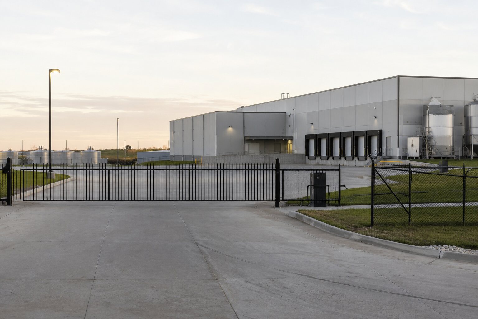 Illustrative exterior of a closed food-processing facility