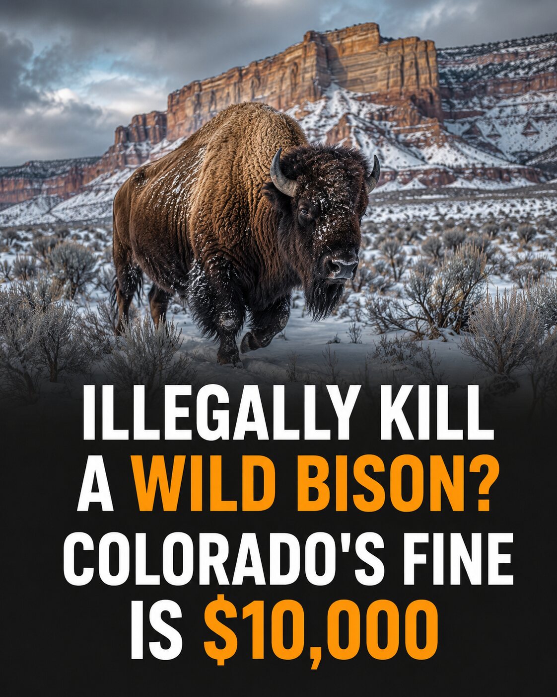 A wild American bison in snowy Book Cliffs country beneath a headline explaining Colorado's $10,000 fine for illegal killing.
