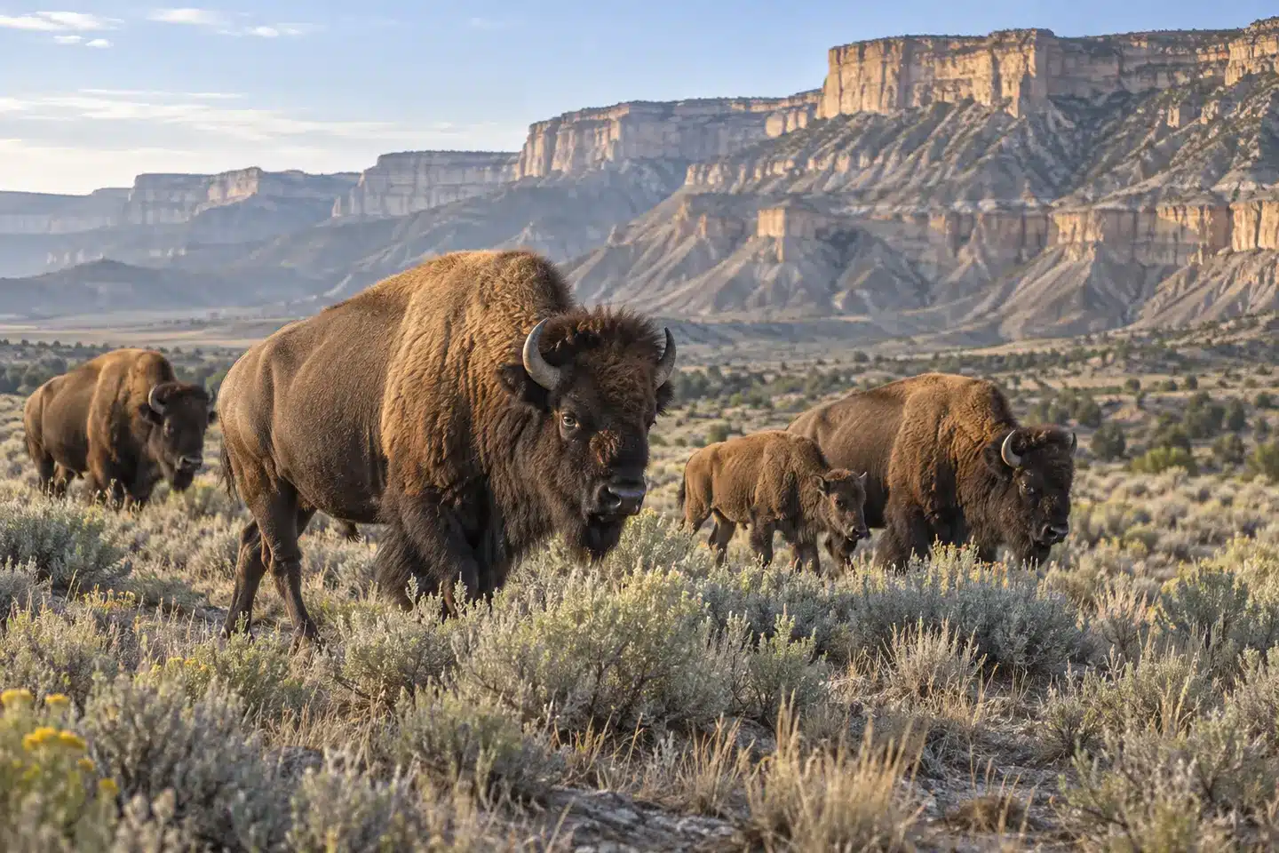 A herd of wild American bison crossing sagebrush below the Book Cliffs