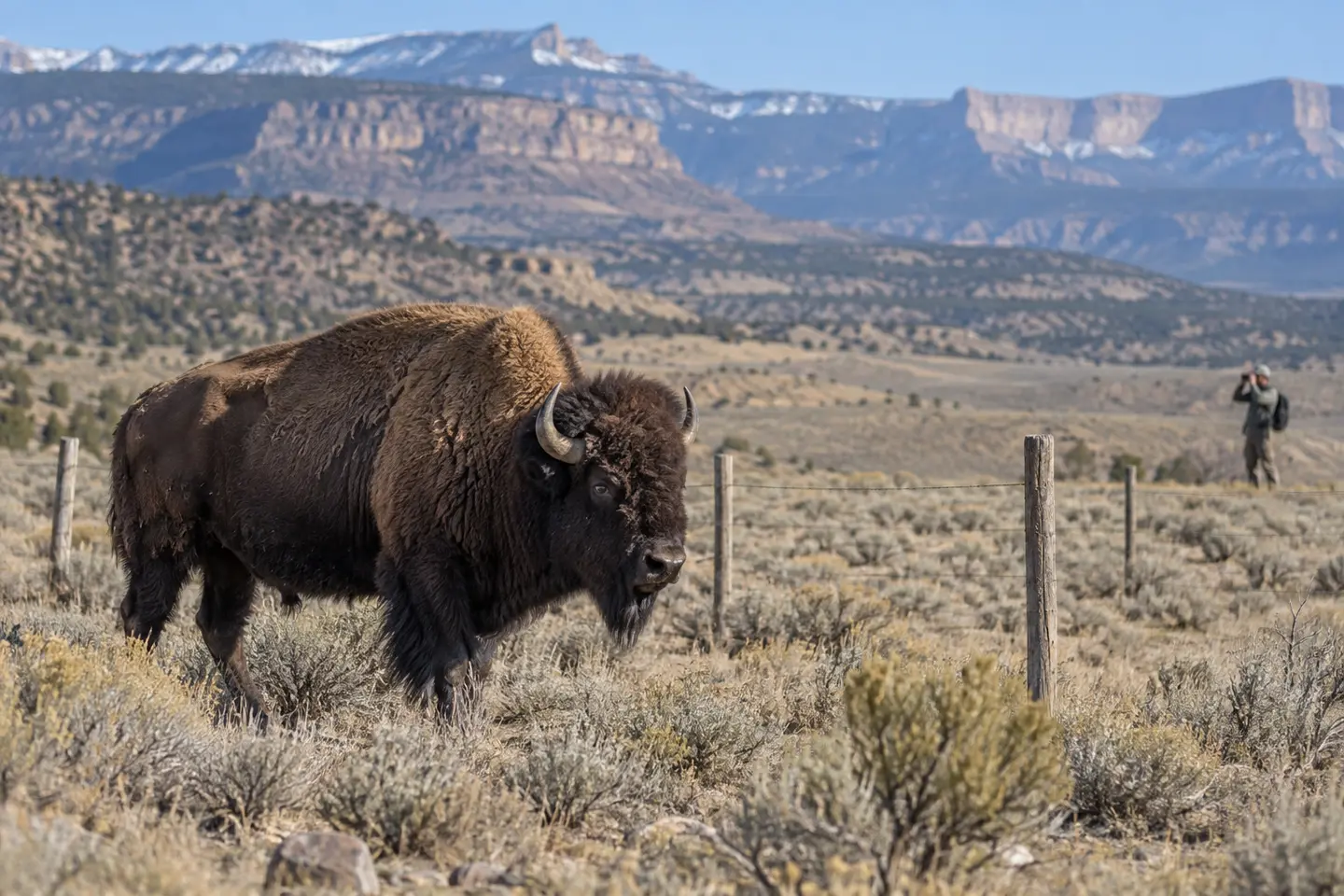 A wild bison near a boundary fence while a field biologist observes from a distance