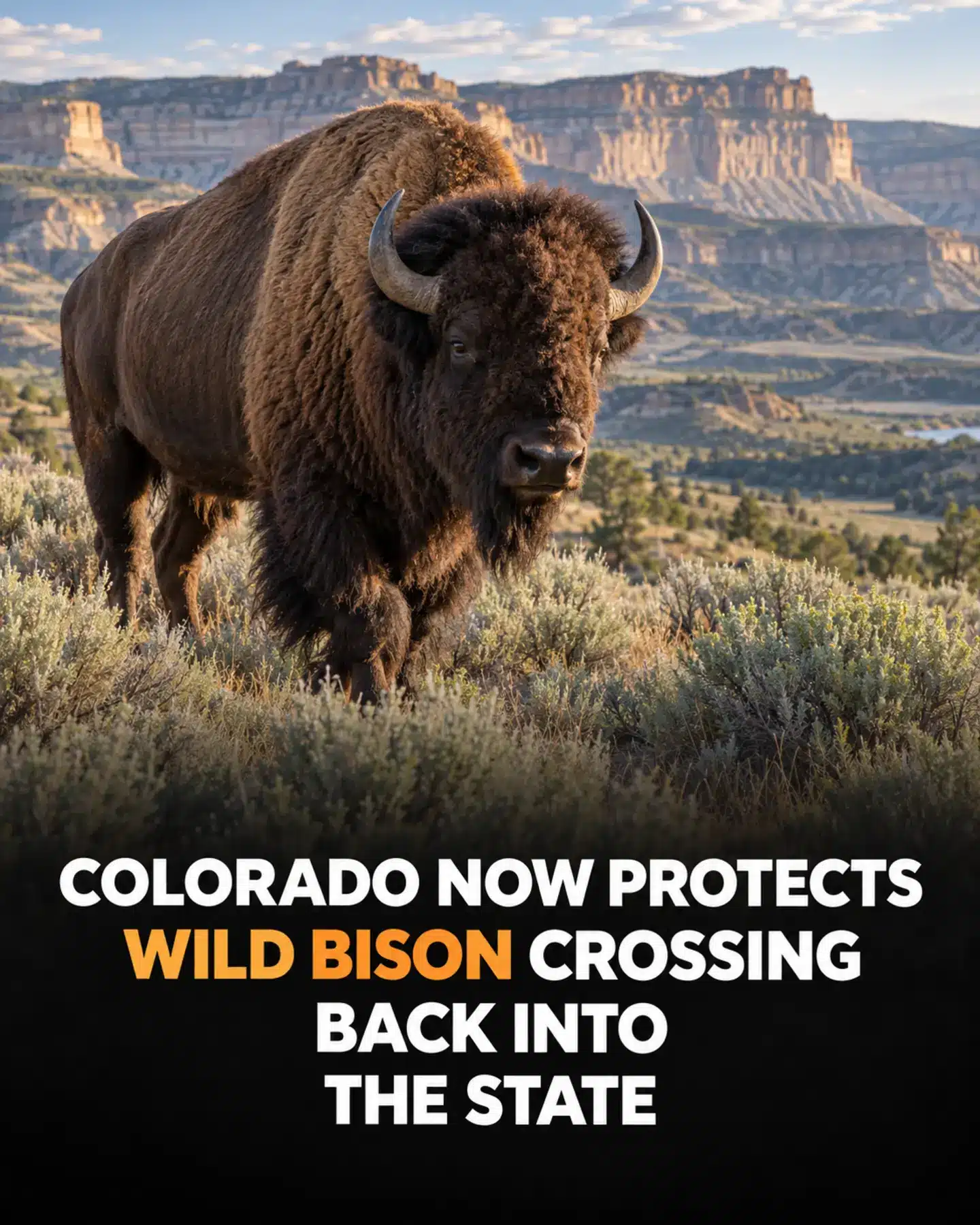 A wild American bison in Colorado's Book Cliffs with a headline about new legal protection