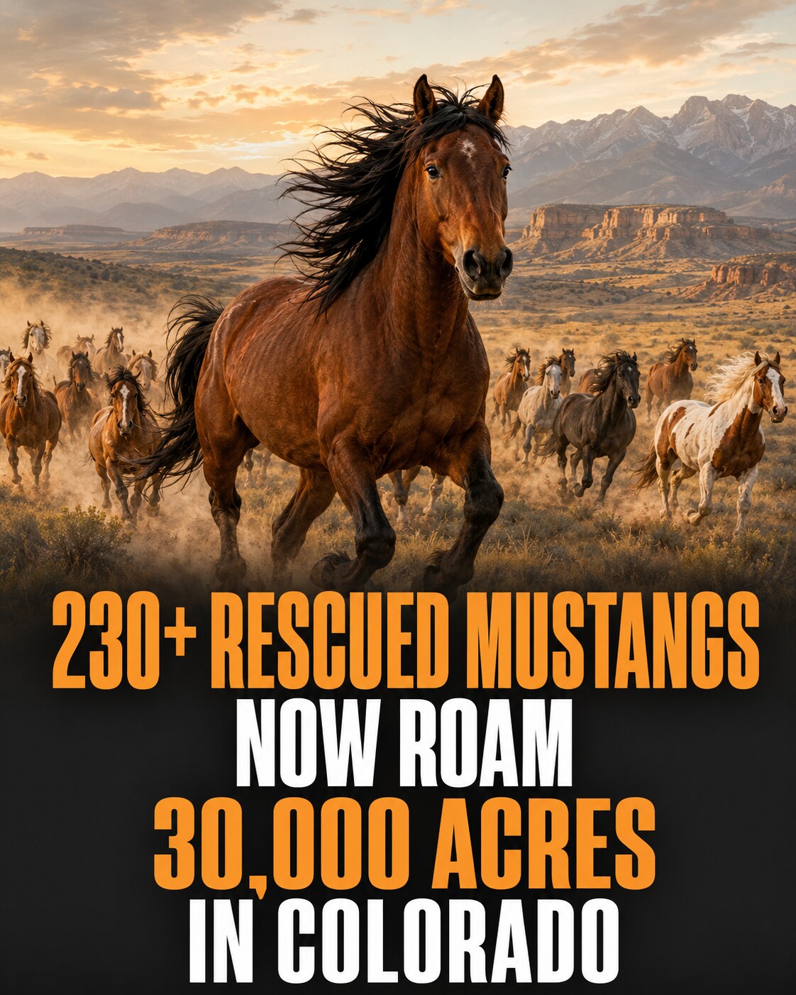 A herd of rescued mustangs running across a vast Colorado landscape.