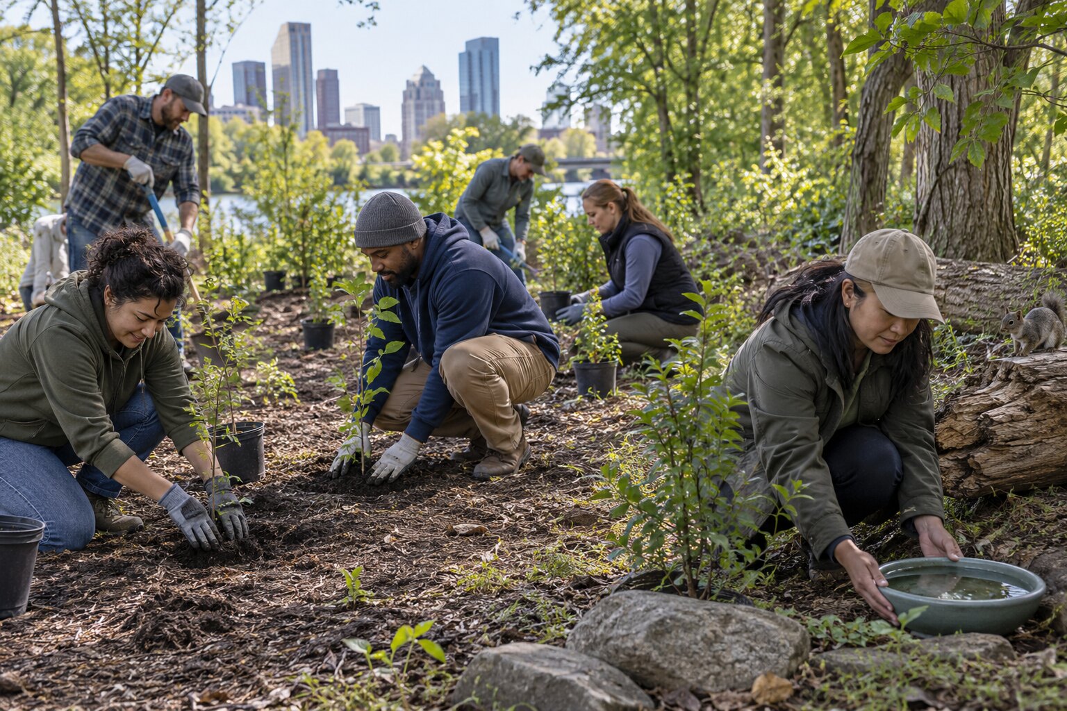 Volunteers planting native saplings beside an urban woodland