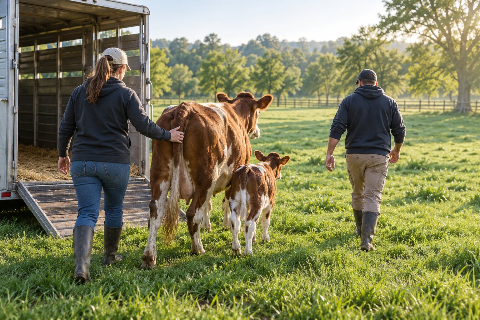 A mother cow and newborn calf leaving a trailer and arriving at a peaceful sanctuary