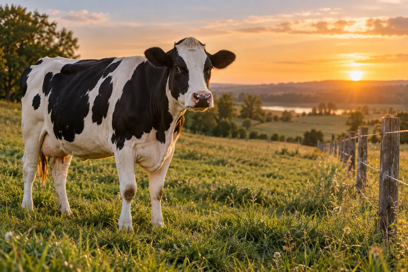 A black-and-white cow standing calmly in a pasture at sunset.