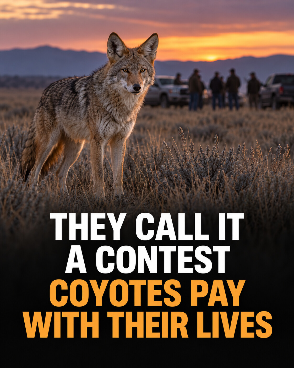 A coyote in prairie with distant people and vehicles and the headline They Call It a Contest Coyotes Pay With Their Lives