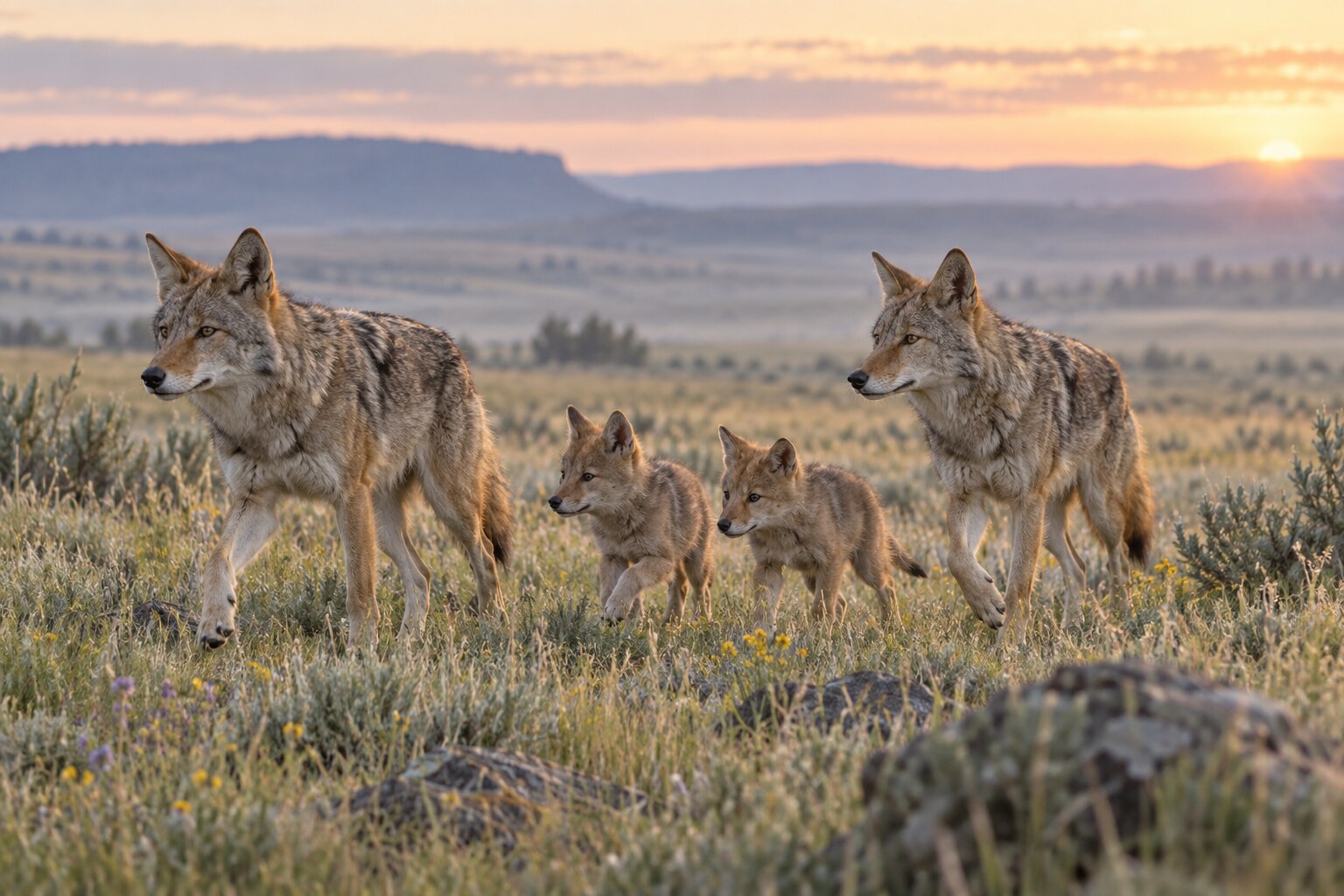 Two adult coyotes and two pups moving through prairie