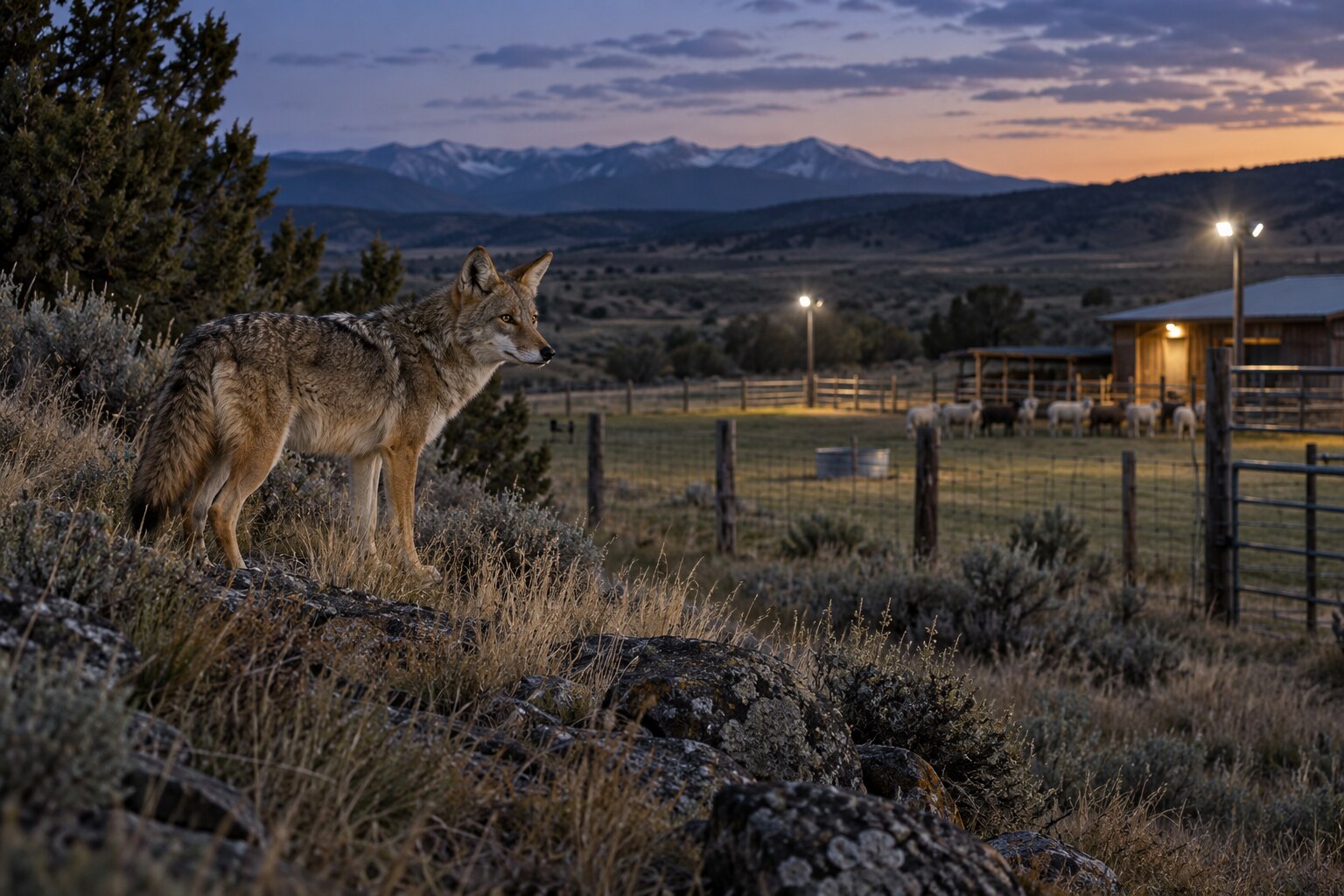 A coyote near secure livestock fencing and ranch lights