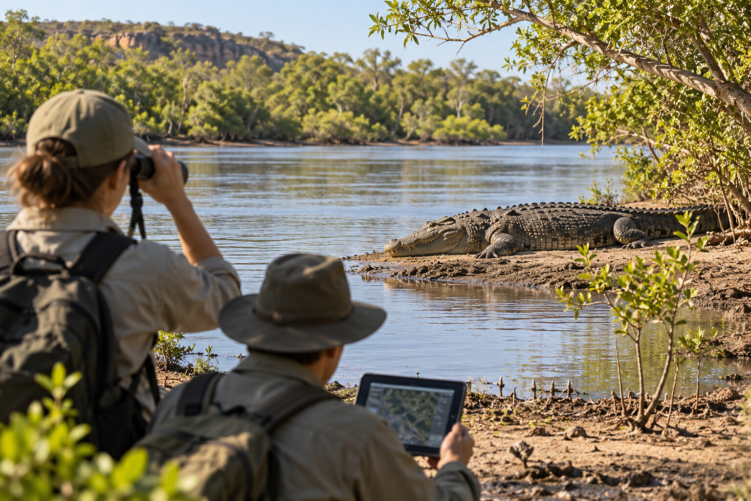 Wildlife researchers monitoring a saltwater crocodile from a safe distance beside an Australian river