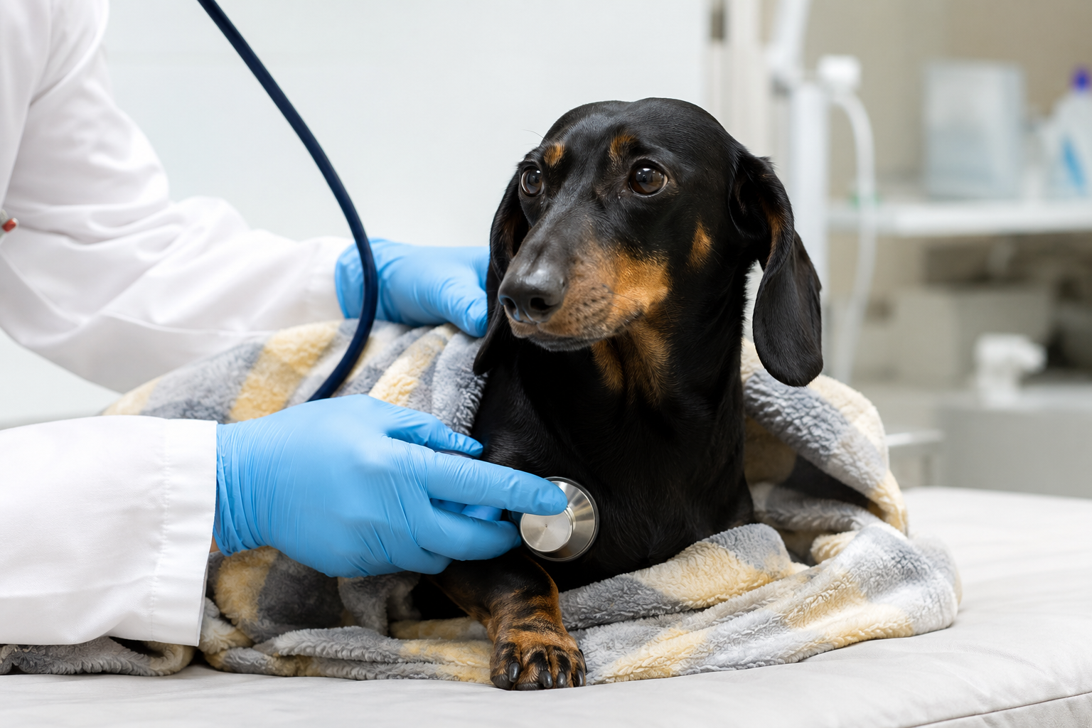 A dachshund resting under a blanket while a veterinarian checks the dog