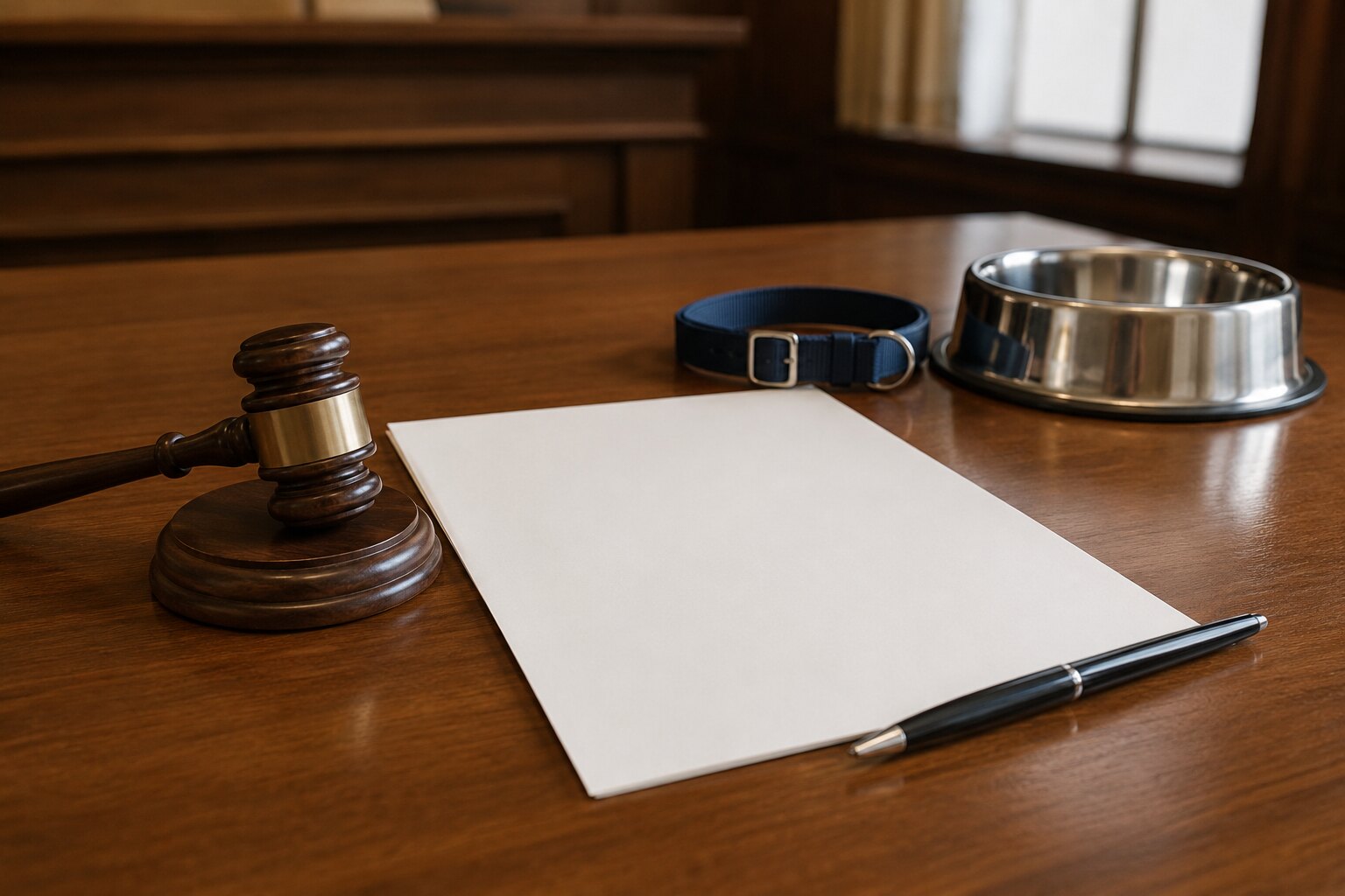 A judge’s gavel beside a blank legal document, dog collar and water bowl