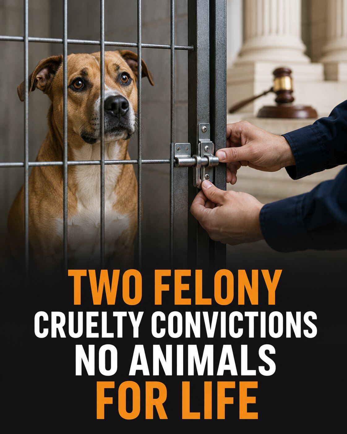 A shelter dog protected behind a secured kennel gate with courthouse symbols in the background