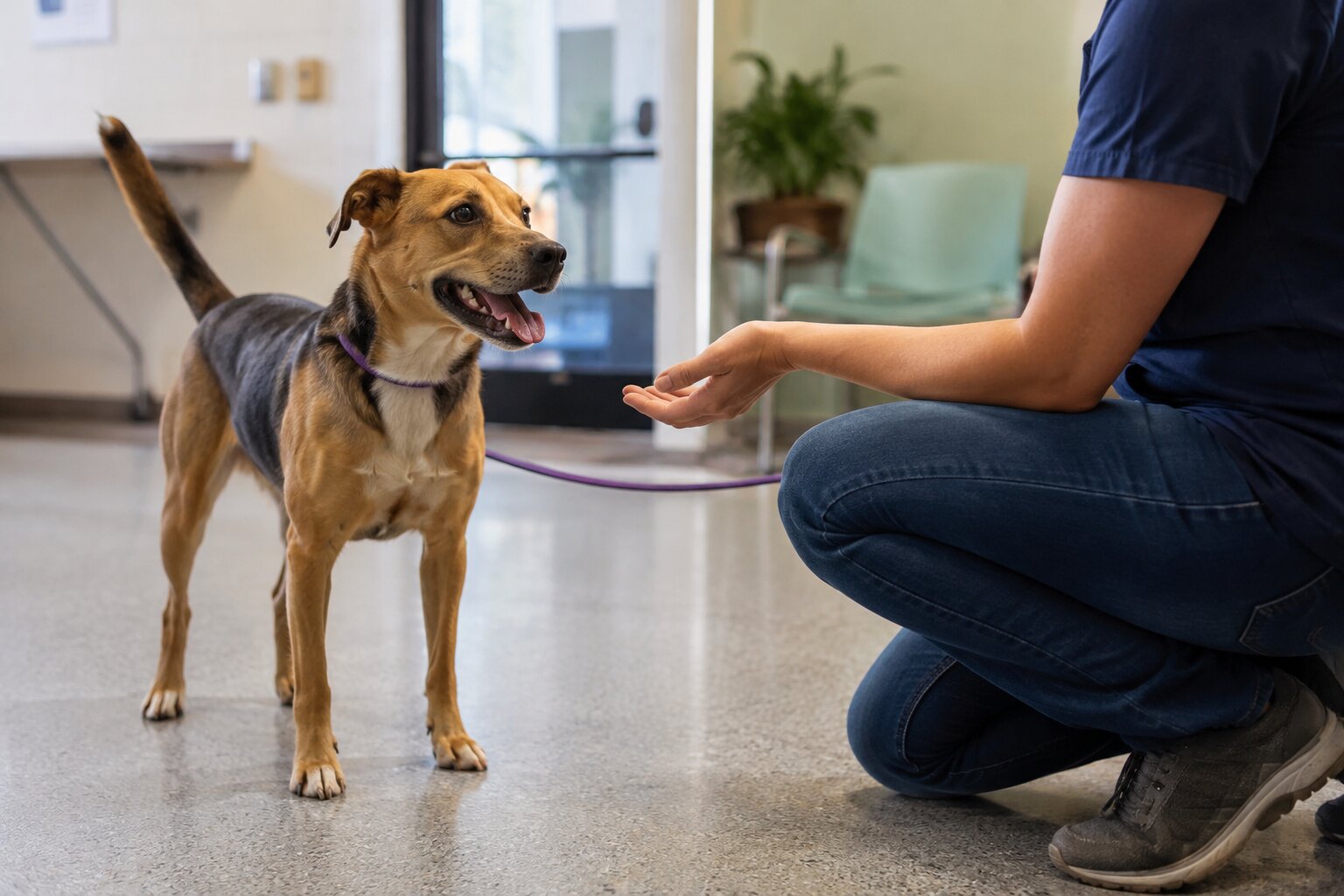 A healthy rescued dog calmly greeting an animal shelter worker