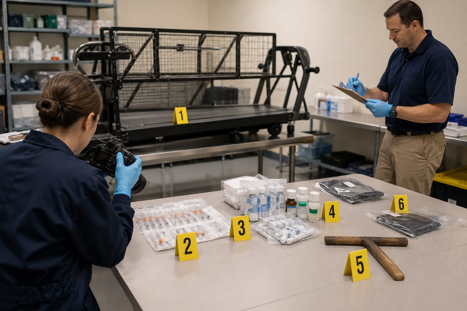 Investigators documenting a modified treadmill and veterinary supplies in an evidence room