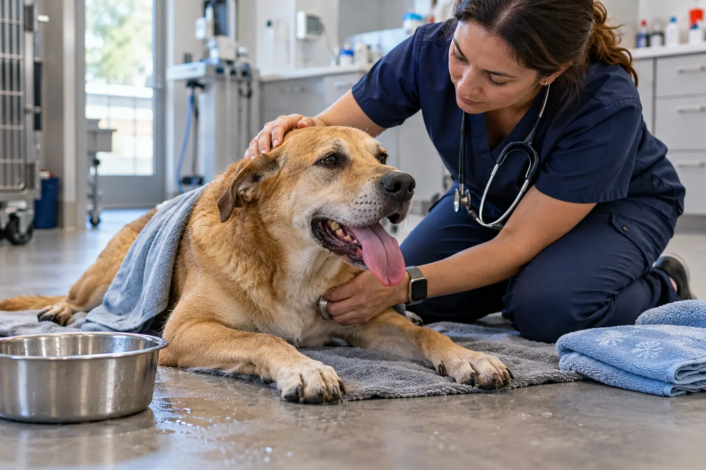 A veterinarian examines and cools a heat-stressed dog