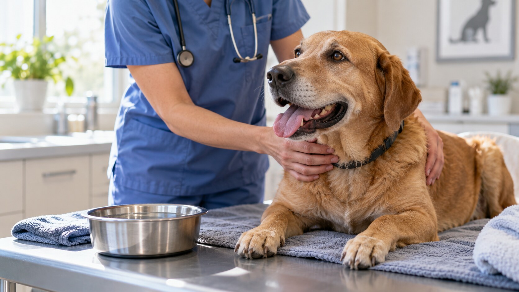 A veterinarian examines a dog after a heat-related emergency