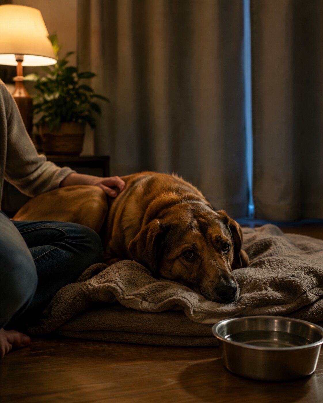 A dog rests on blankets in a quiet room while its owner stays nearby.
