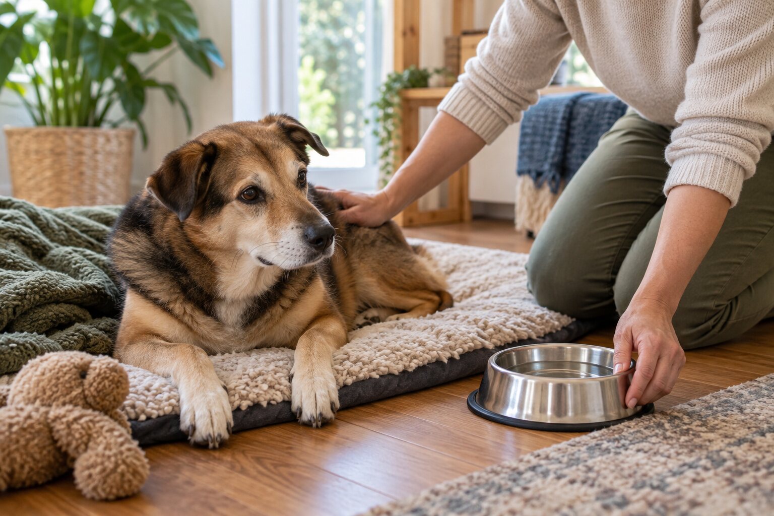 A caretaker gently checks on a resting dog and places fresh water nearby
