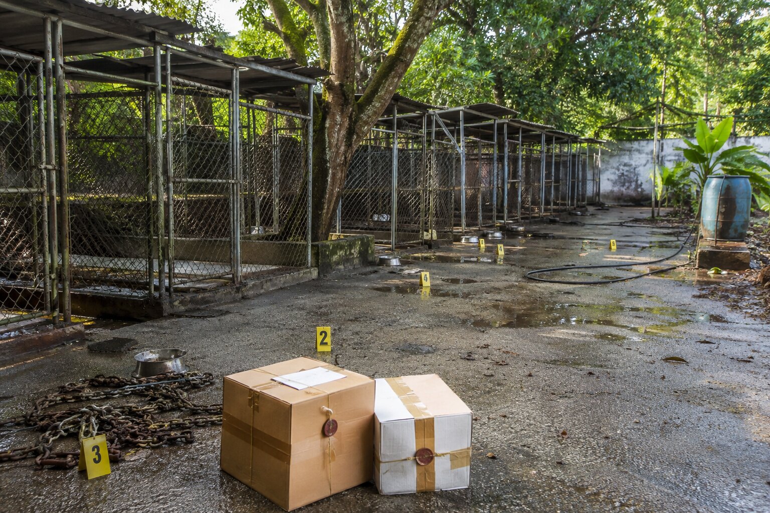 An illustrative view of empty kennel runs and evidence markers after a dogfighting investigation.