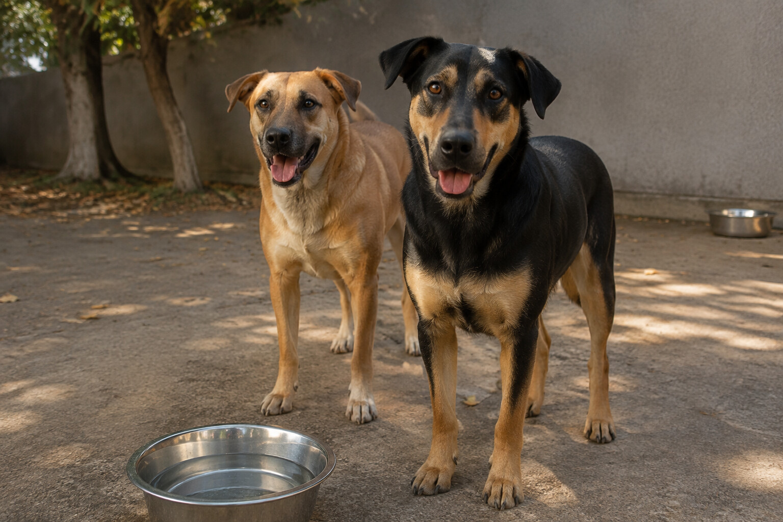 Two dogs standing in a shaded care area beside water bowls