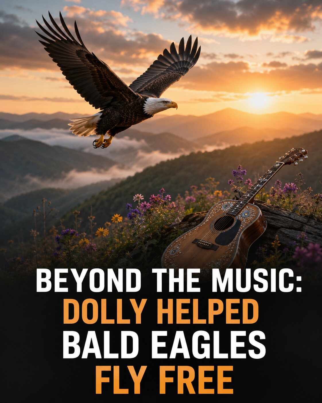 A bald eagle flies over the Great Smoky Mountains beside a rhinestone guitar.