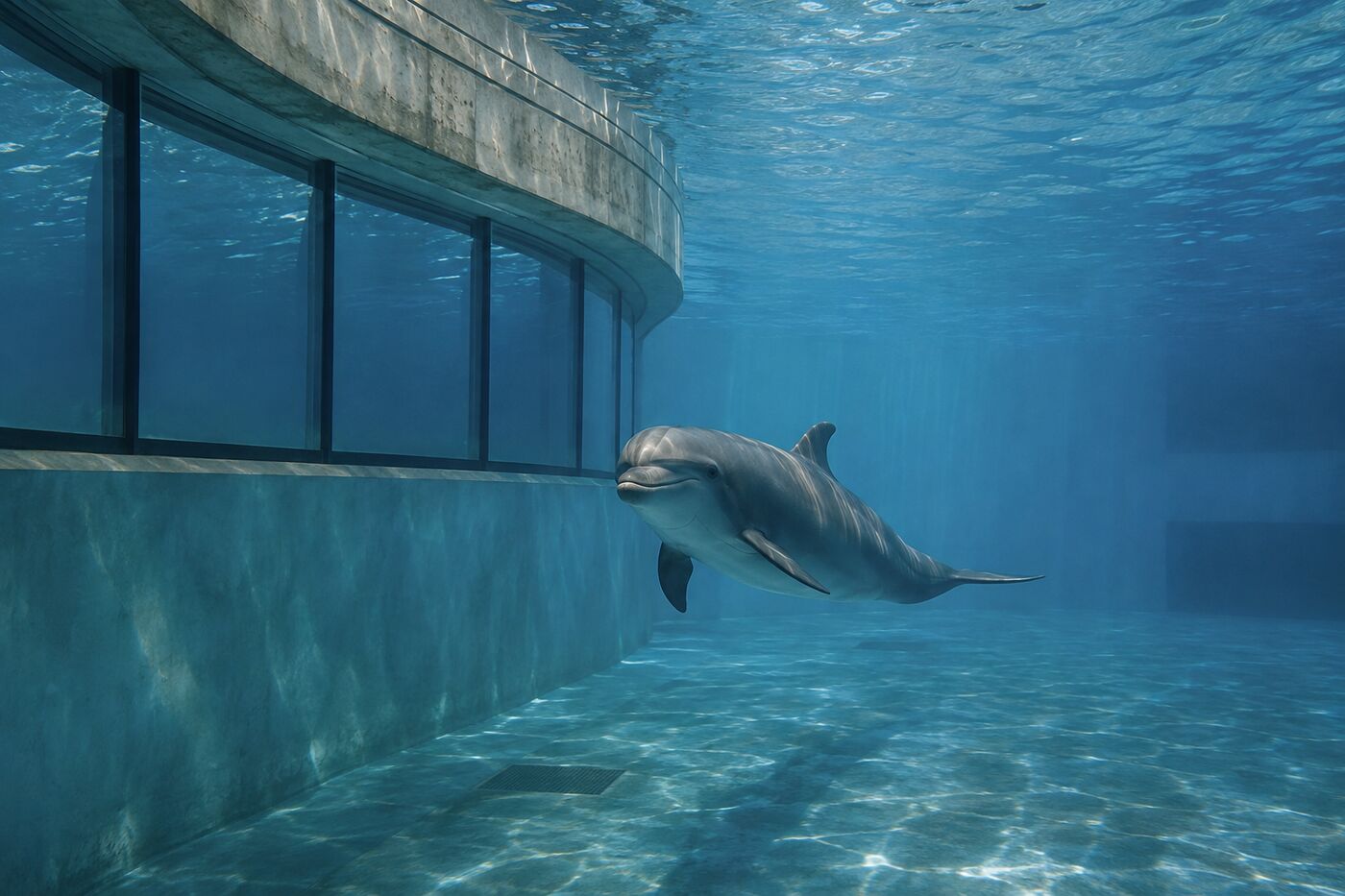 A dolphin swimming beside the concrete wall of an artificial marine park pool
