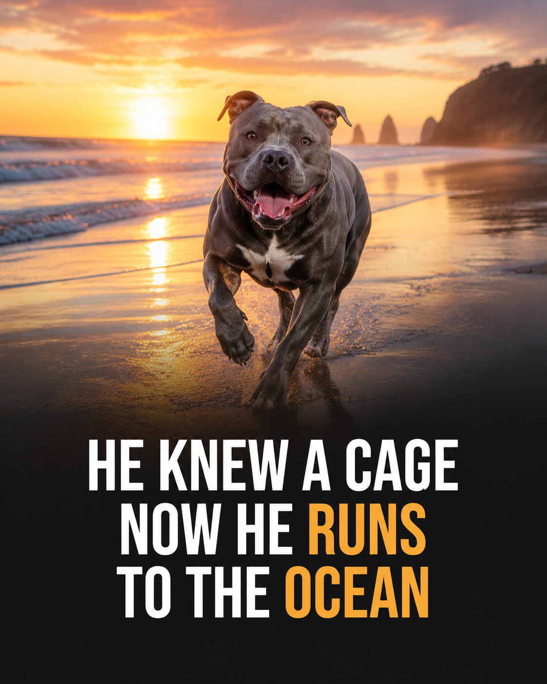 Large gray bully-type dog running on a beach