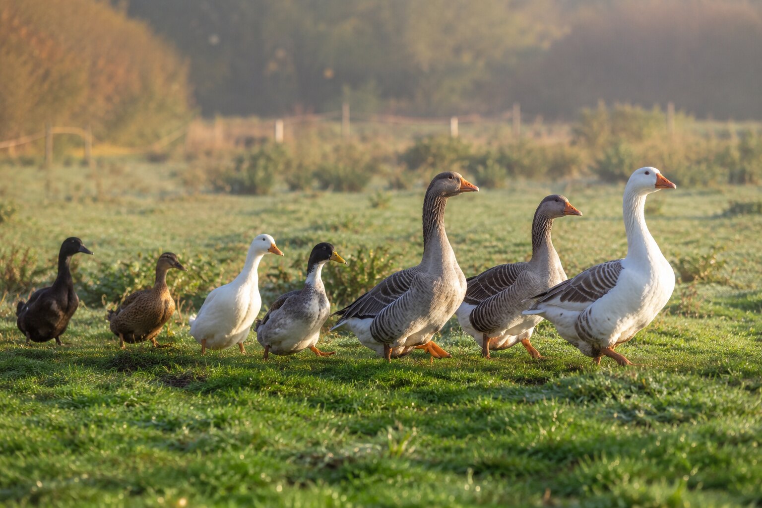 Ducks and geese walking together across a green pasture.