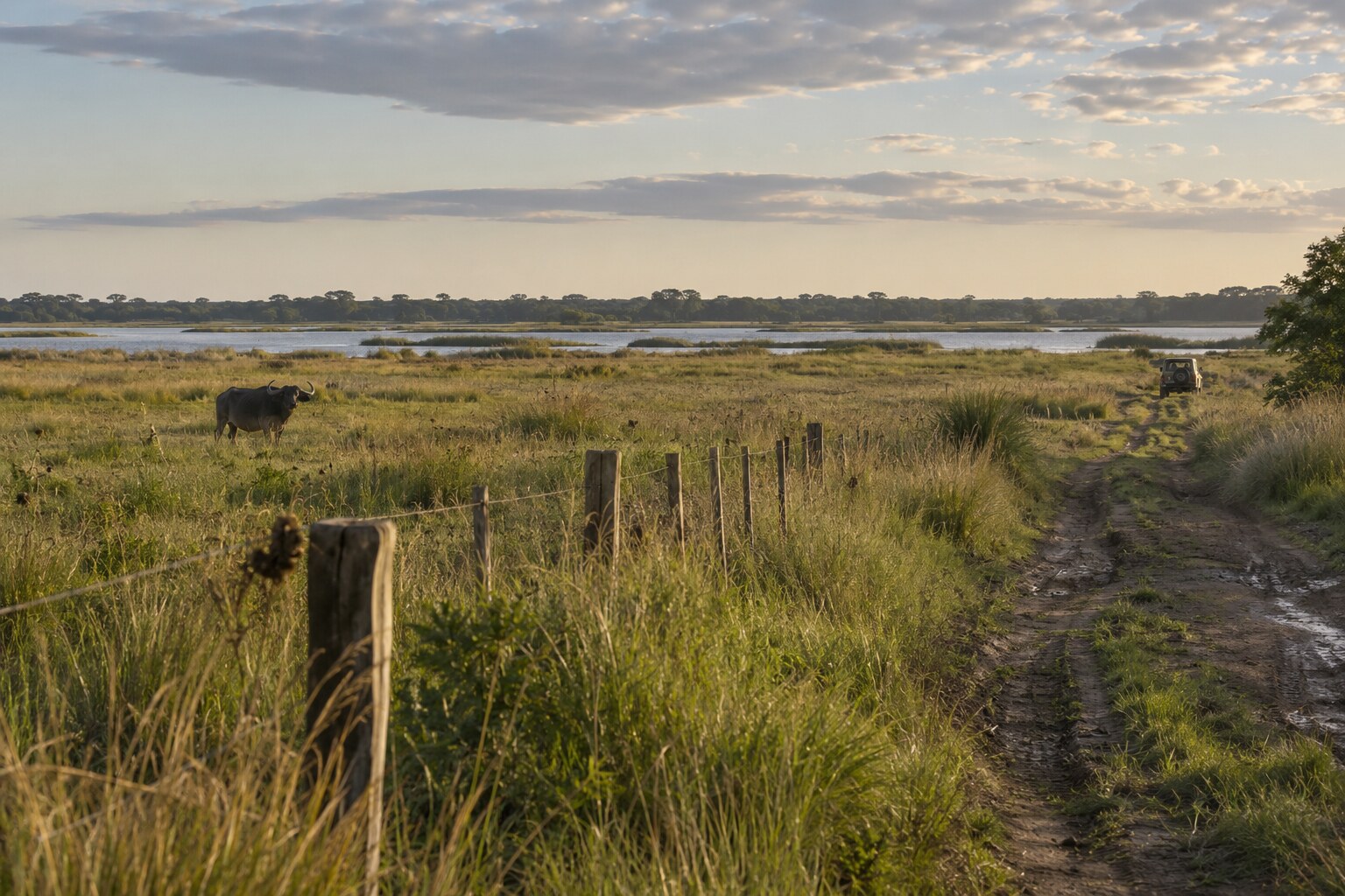 A distant buffalo beside a dirt track across a remote ranch landscape