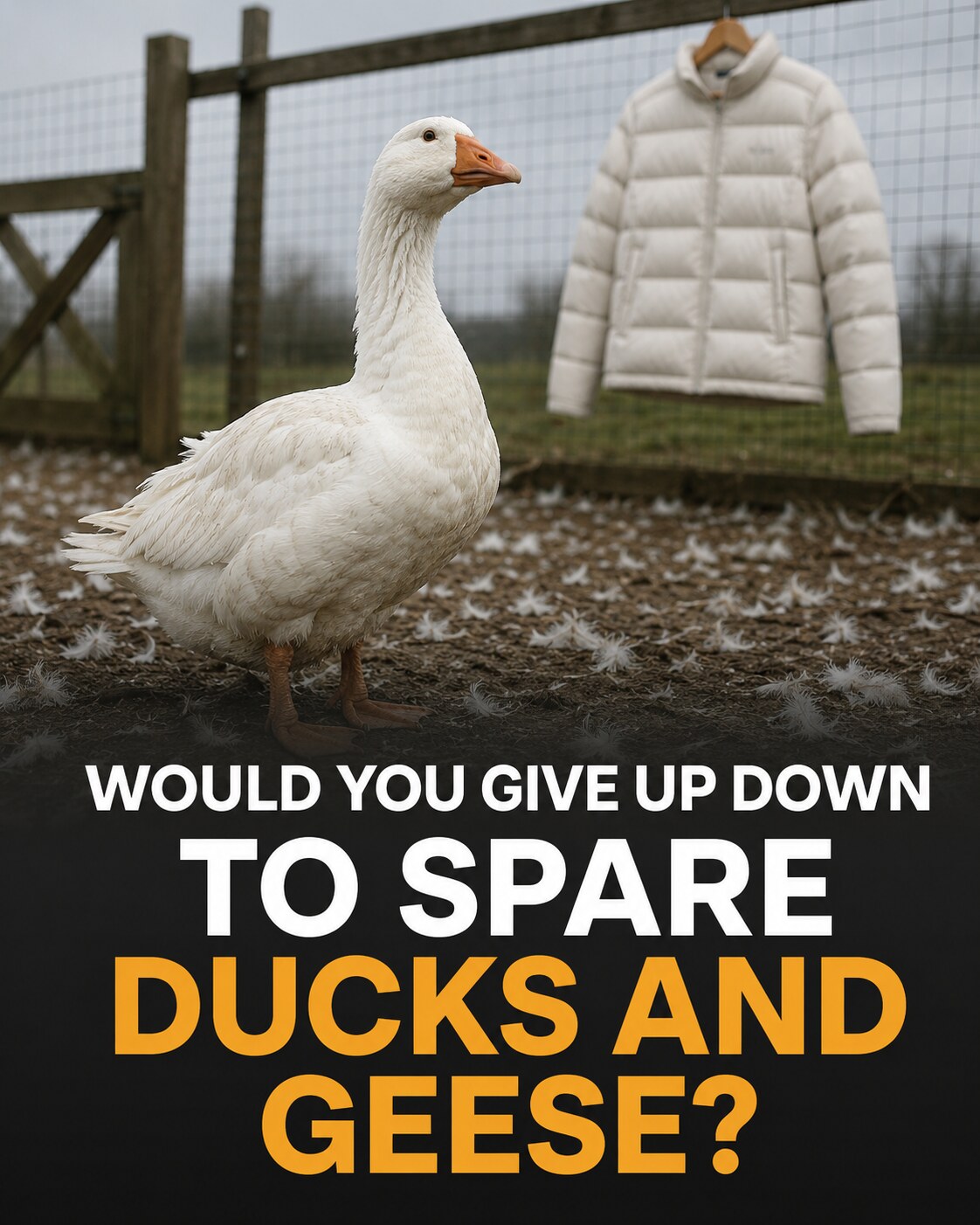 A goose beside a down-style jacket with a question about choosing feather-free products.