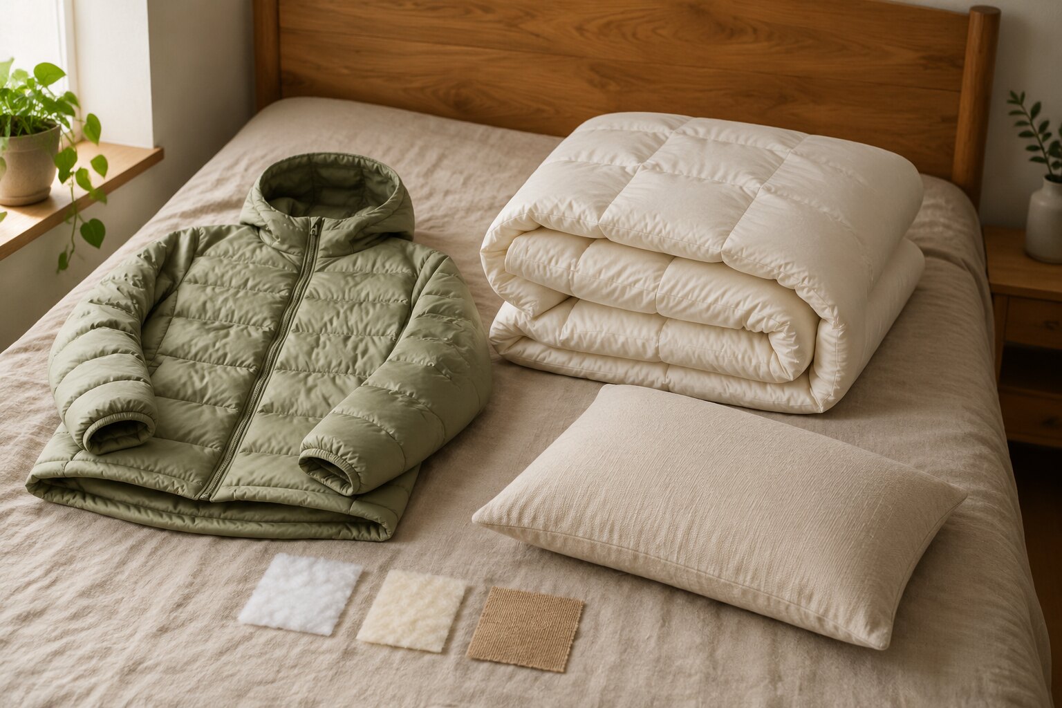 A jacket, comforter and pillow representing feather-free insulation choices.