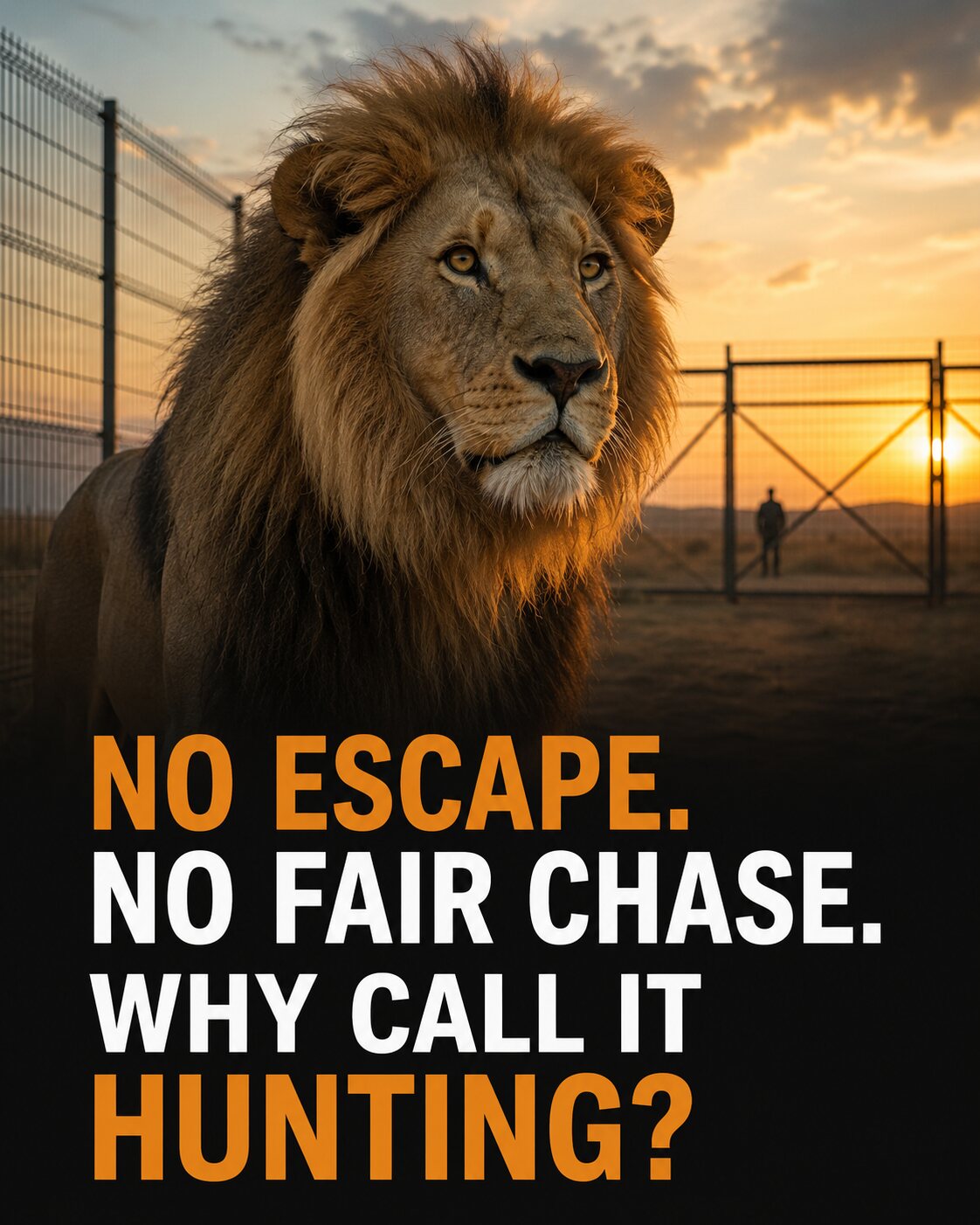 A living lion stands inside a fenced enclosure beneath the headline No Escape. No Fair Chase. Why Call It Hunting?