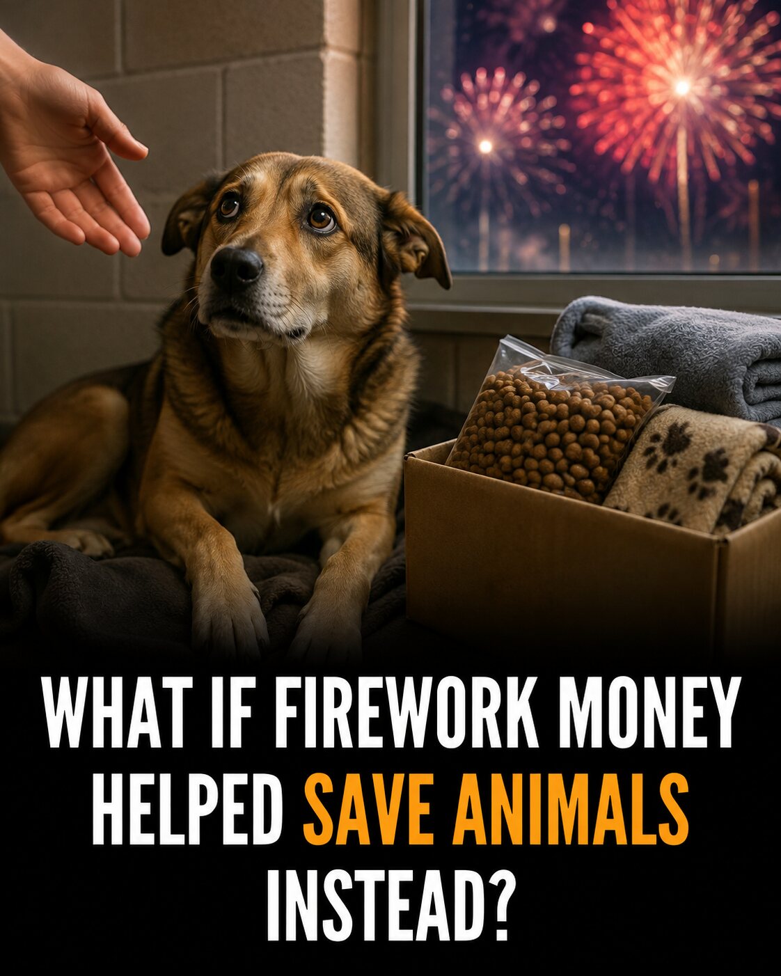 A worried dog rests indoors beside donated food and blankets while fireworks flash outside.