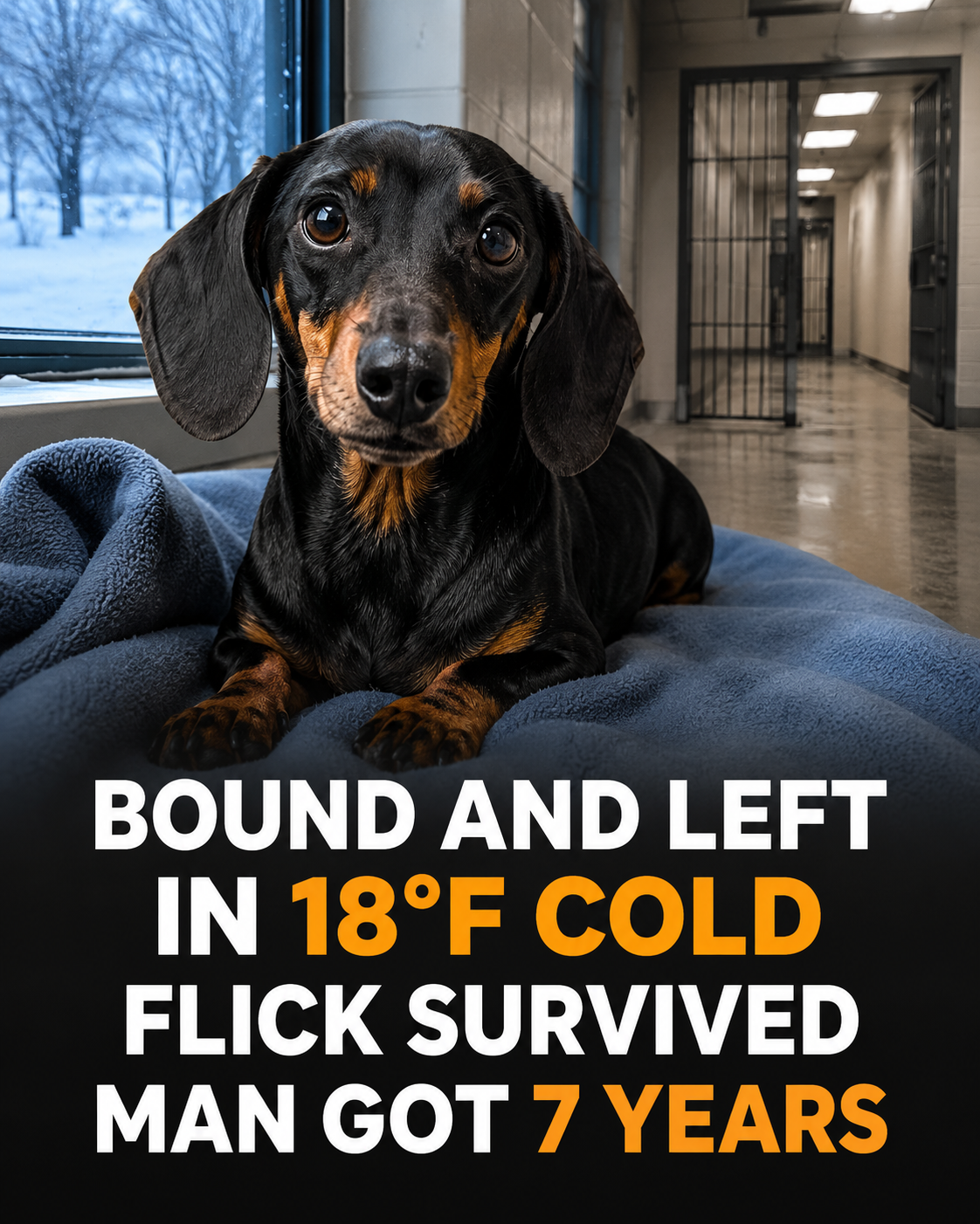 Illustration of a dachshund recovering after a winter rescue with a courthouse corridor in the background