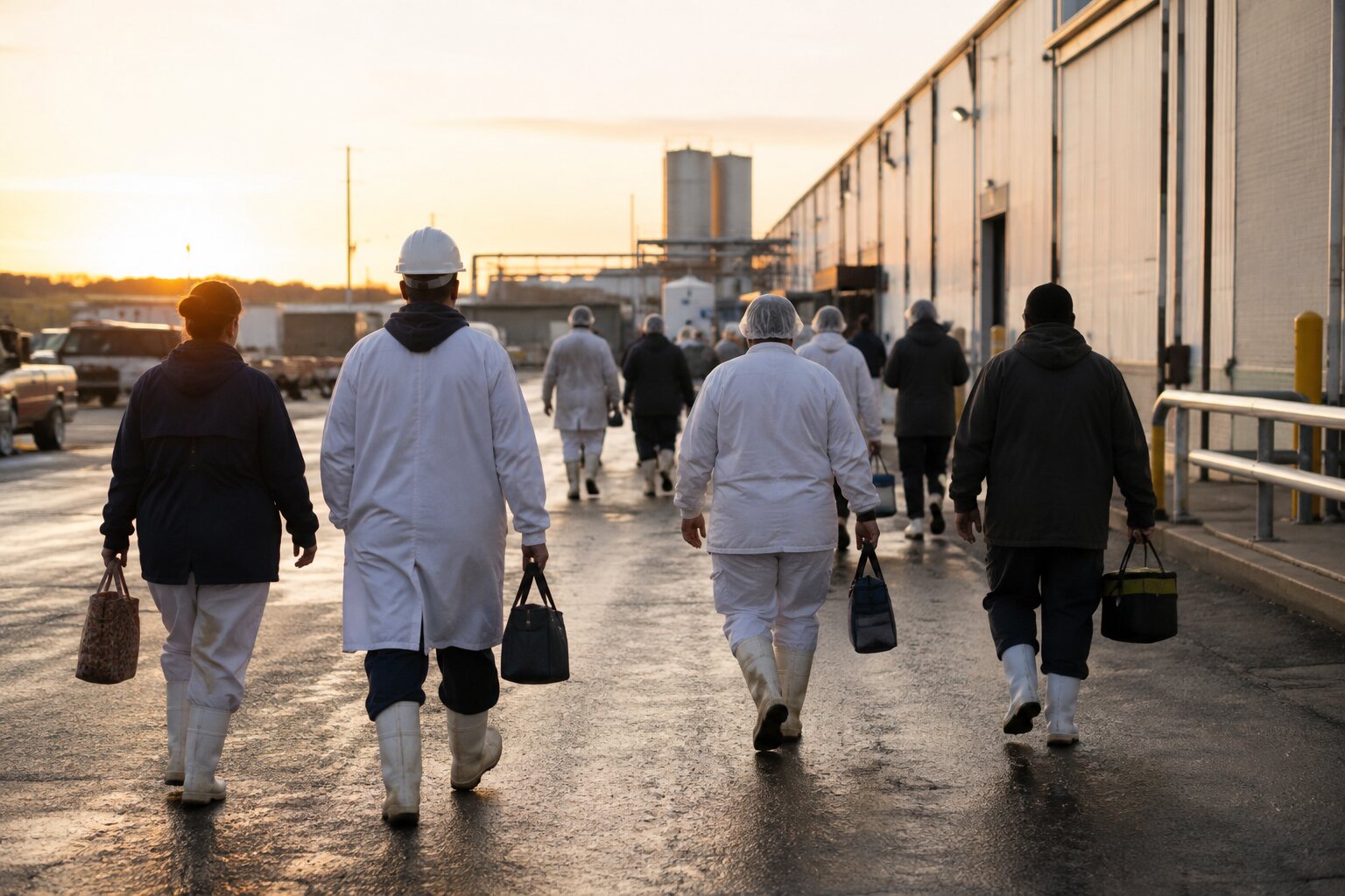 Illustration of food-production workers leaving a workplace