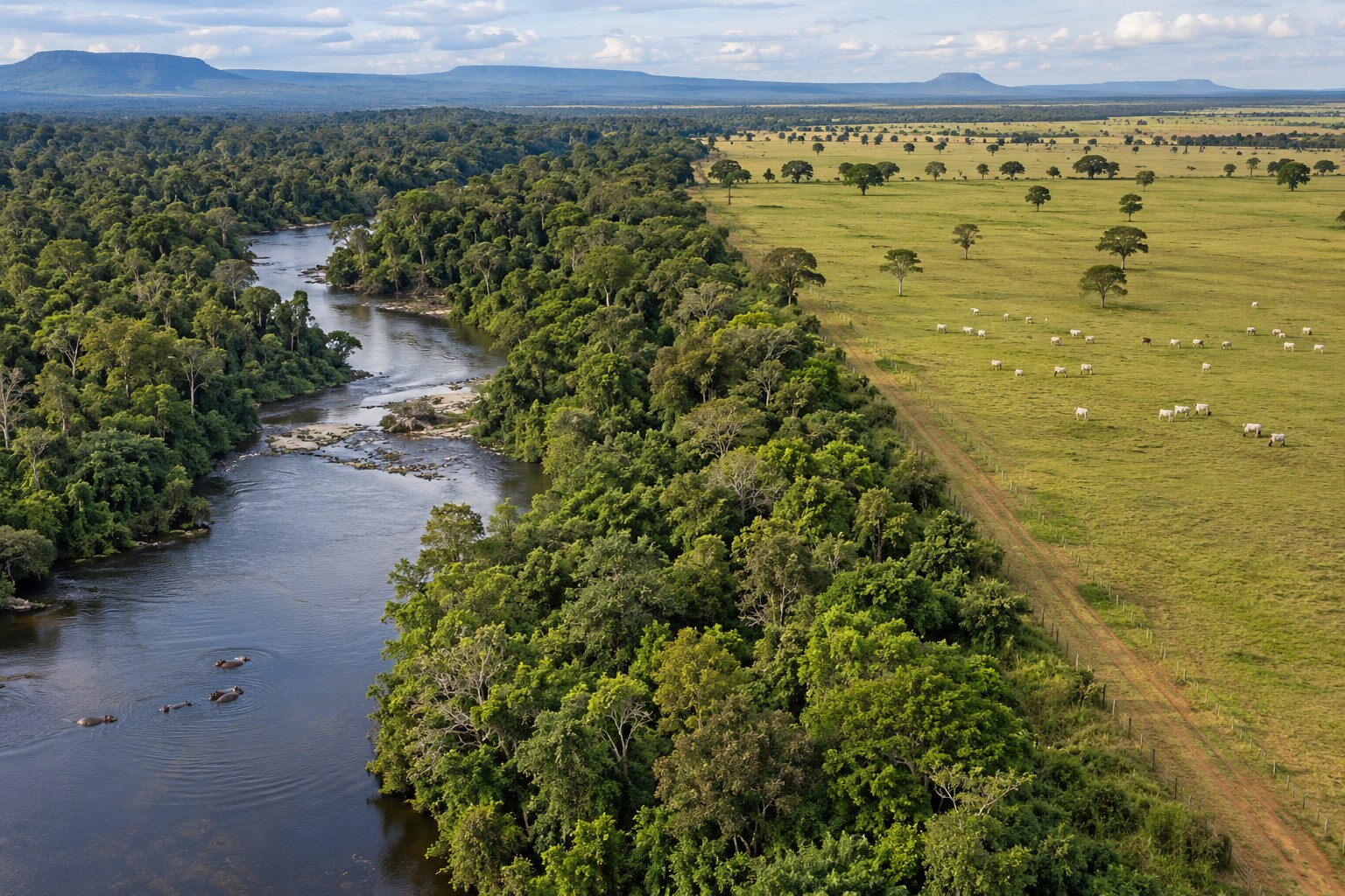 An intact forest and river beside agricultural pasture